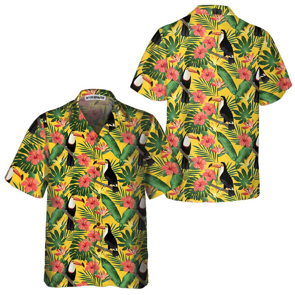 Toucan Birds And Palm Leaves Hawaiian Shirt Tropical Toucan Shirt Toucan Print Shirt  Women Aloha Shirt For Men and Women