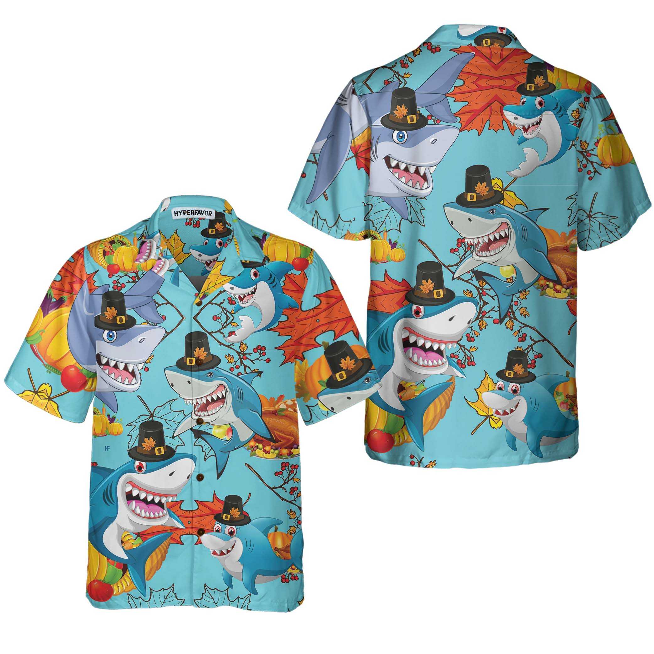 Thanksgiving Sharks Wearing Pilgrim Hat Hawaiian Shirt Funny Thanksgiving Shirt Gift For Thanksgiving Day Aloha Shirt For Men and Women