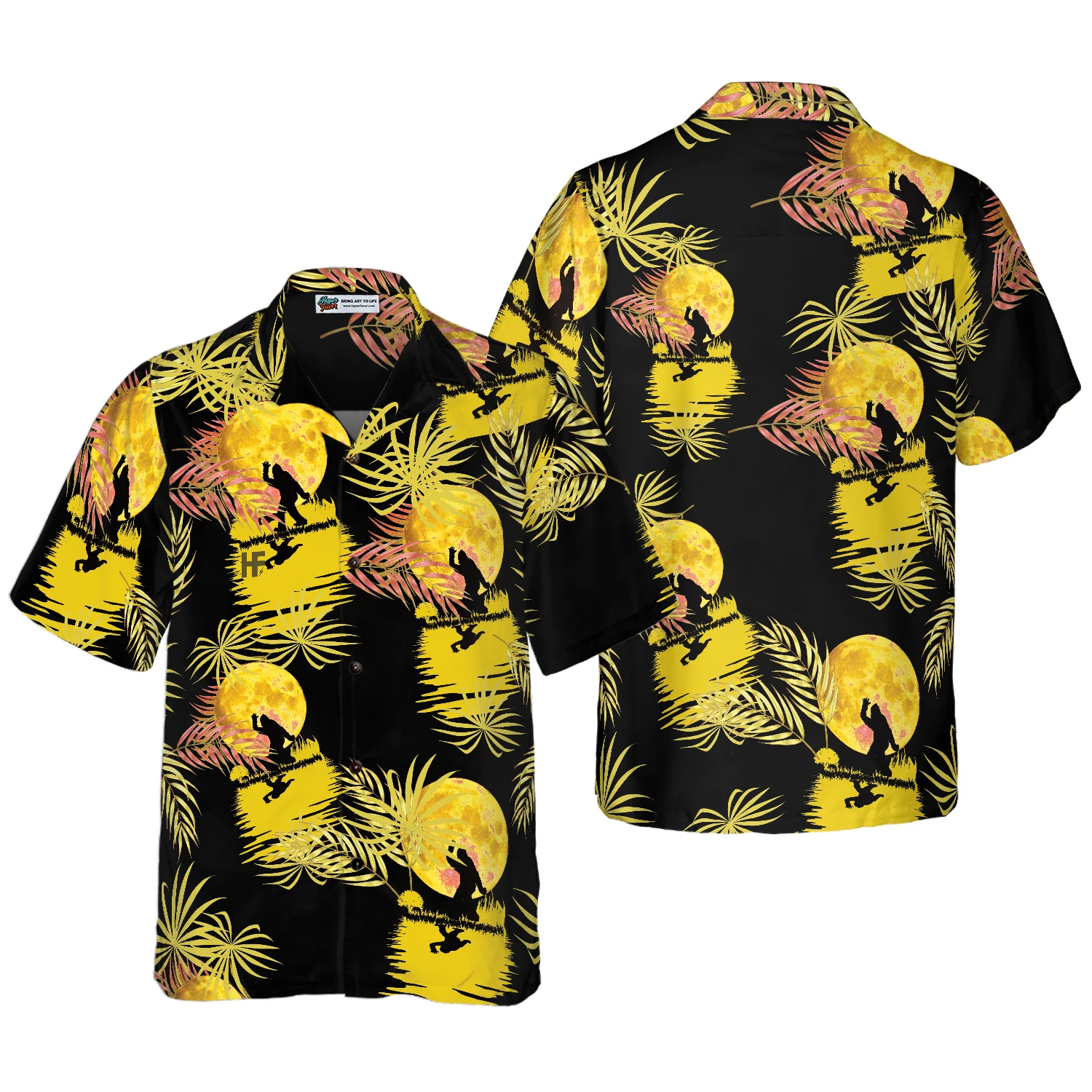 Bigfoot Tropical Yellow Moon Bigfoot Hawaiian Shirt Black And Yellow Moonlight Bigfoot Shirt Aloha Shirt For Men and Women