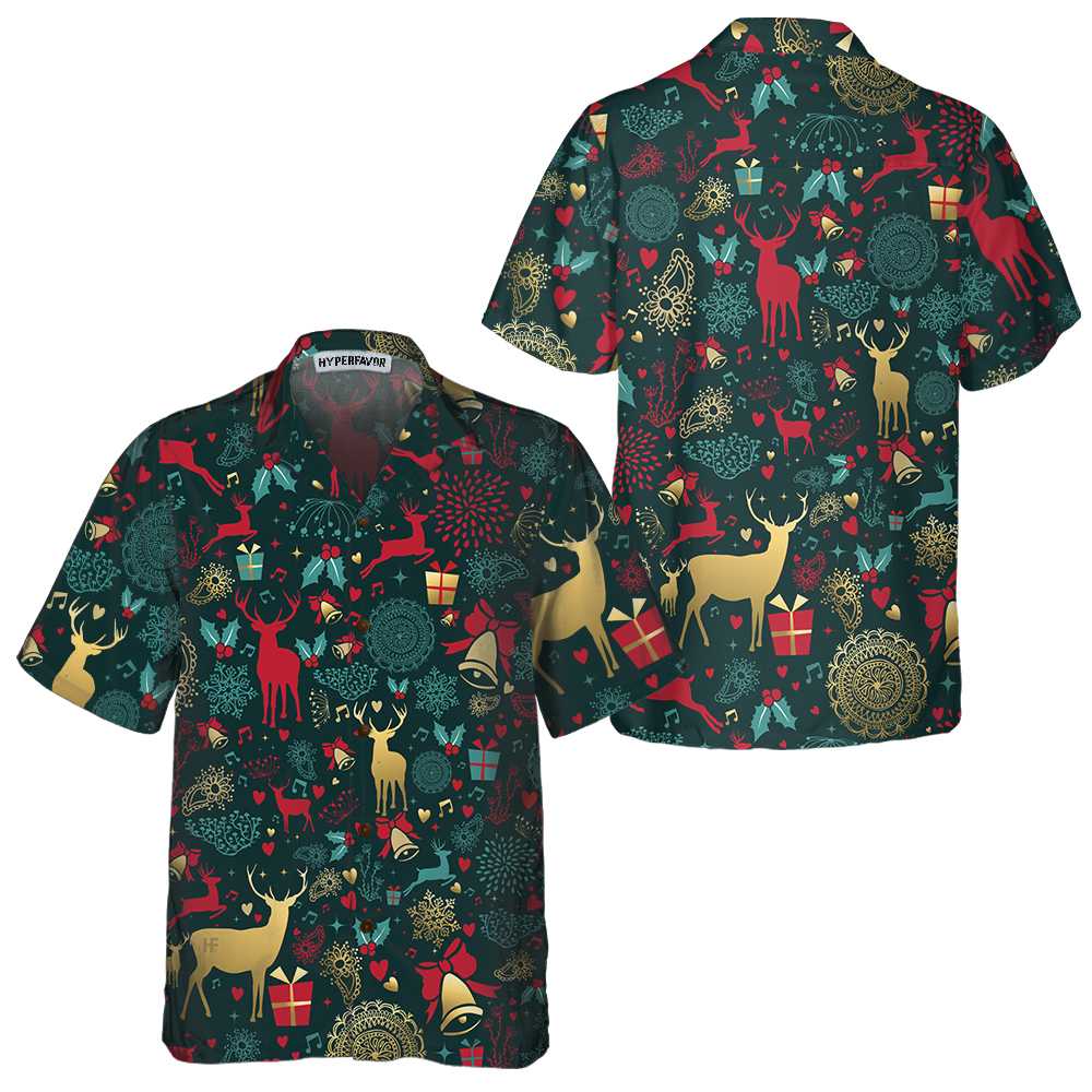 Christmas Golden Deer Pattern Hawaiian Shirt Christmas Reindeer Shirt Best Xmas Gift Idea Aloha Shirt For Men and Women