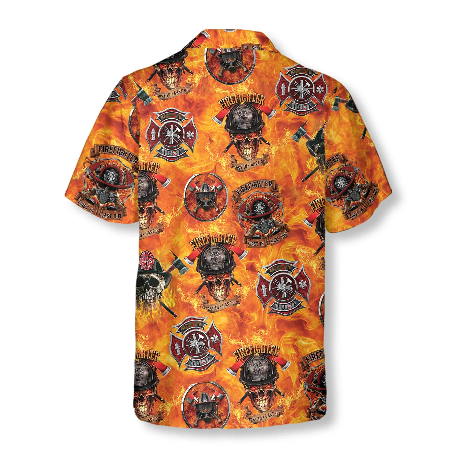 First In Last Out Firefighter Hawaiian Shirt Viking Style Flame Skull Shield Firefighter Shirt Aloha Shirt For Men and Women