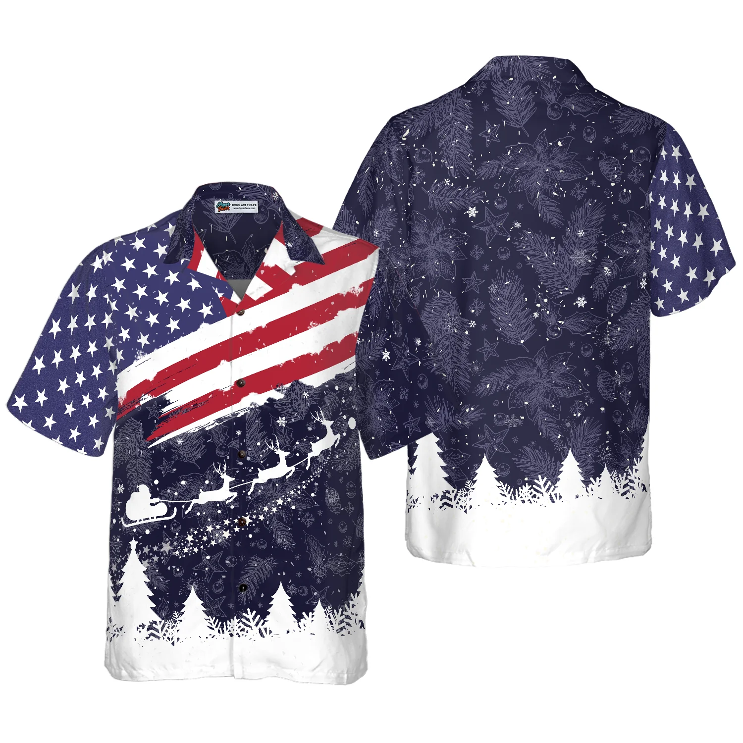 Hyperfavor Christmas Hawaiian Shirts Merry Christmas USA Flag Pattern Shirt Short Sleeve Christmas Shirt Idea Gift Aloha Shirt For Men and Women