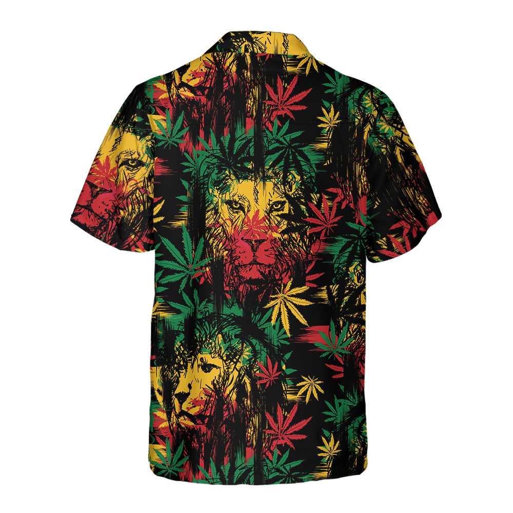 Lion Head With Cannabis Marijuana Leaves Lion Hawaiian Shirt Button Up Lion Shirt  Women Cool Gift For Lion Lover Aloha Shirt For Men and Women