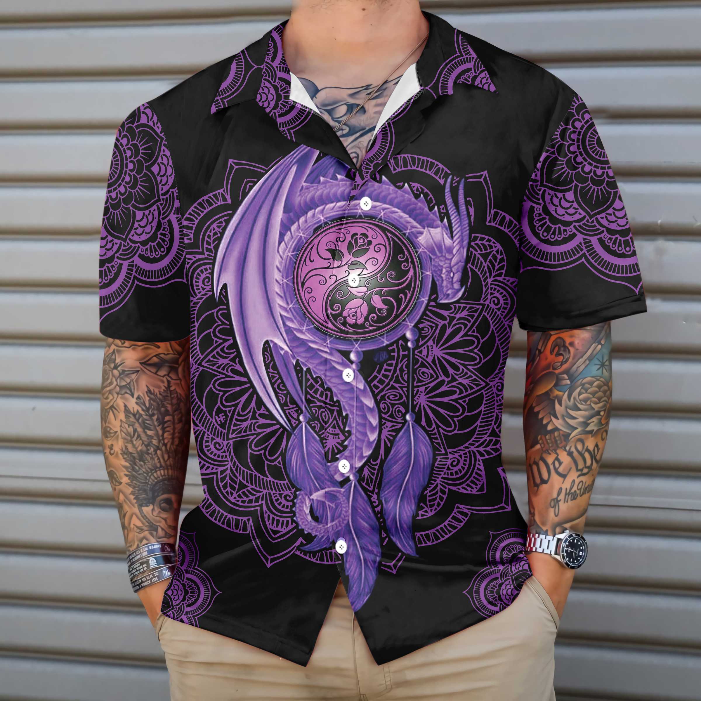 Neon Purple Dragon Mandala Dragon Hawaiian Shirt Purple Dragon Shirt Aloha Shirt For Men and Women