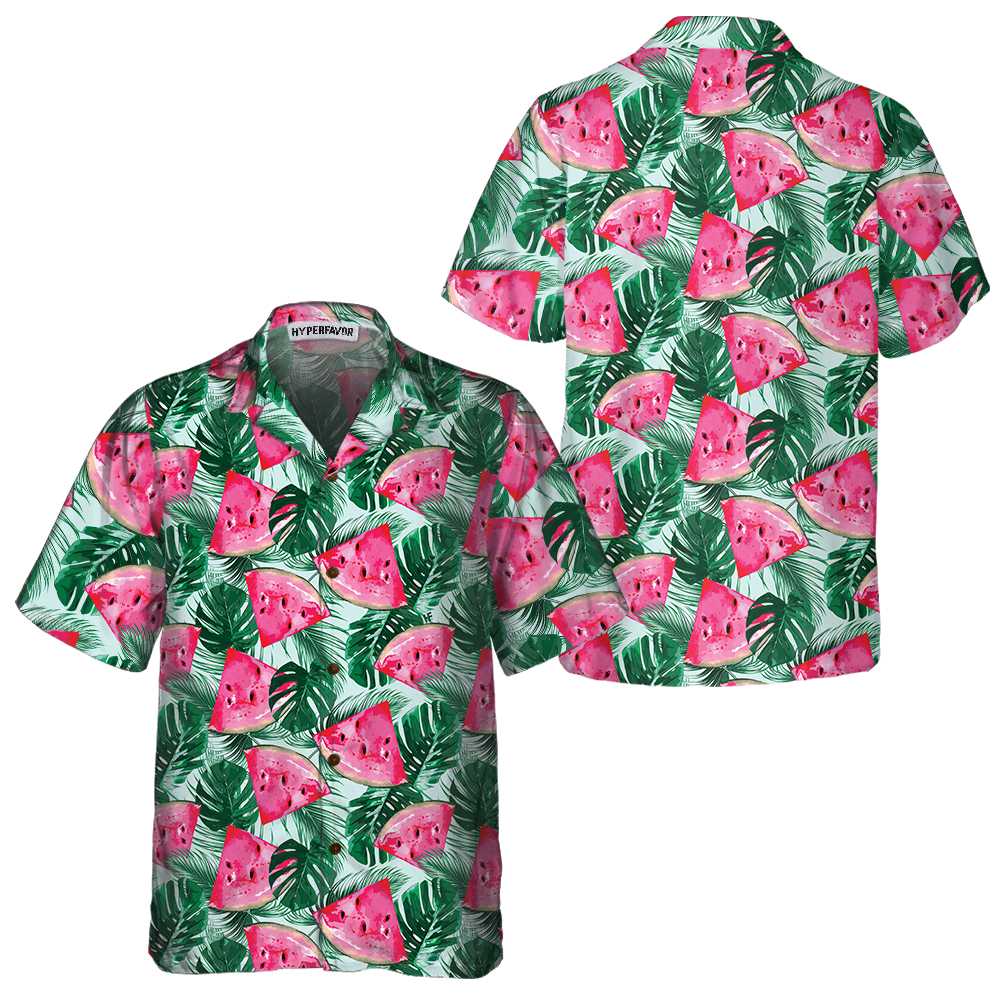 Tropical Palm Leaves Watermelon Hawaiian Shirt Cool Watermelon Shirt  Women Aloha Shirt For Men and Women