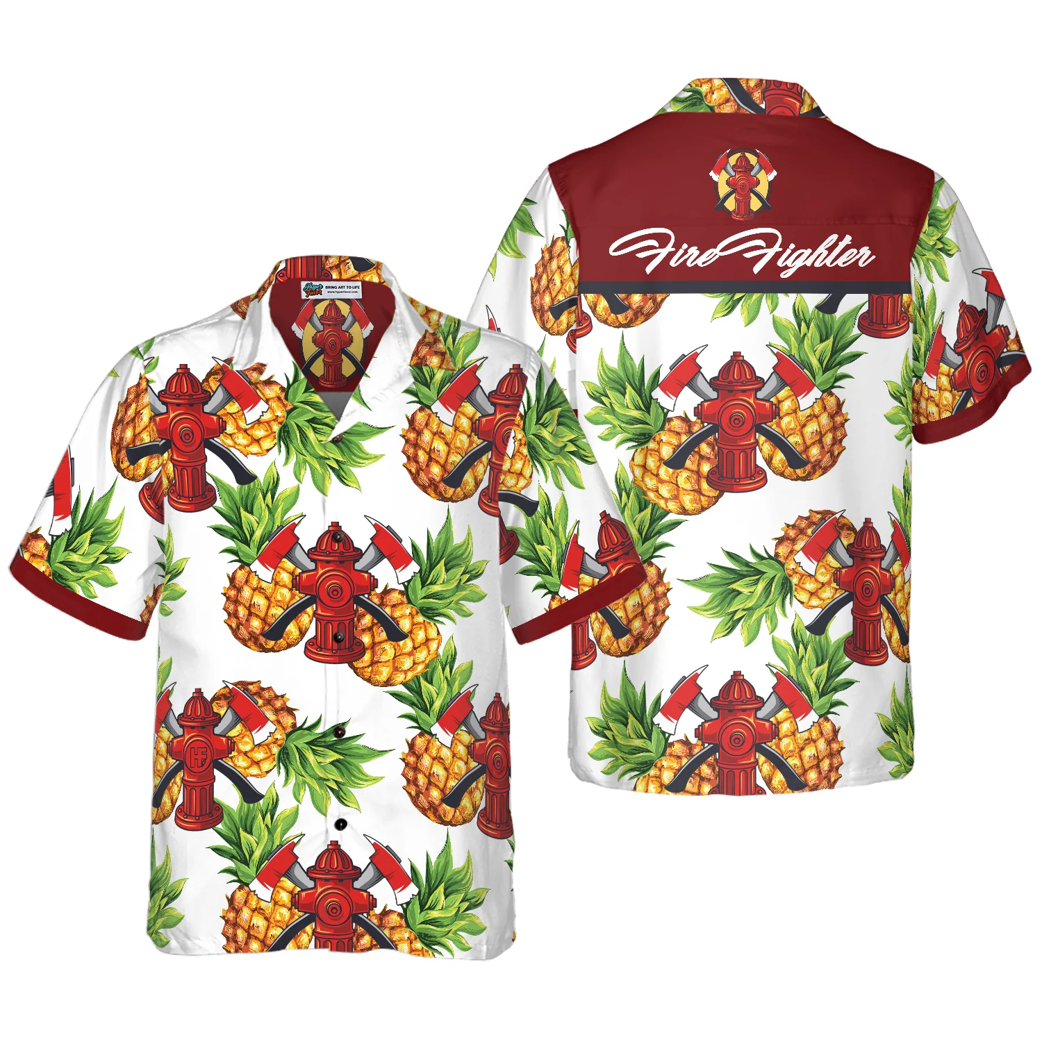 Pineapple Seamless Pattern Firefighter Hawaiian Shirt Cross Axes Tropical Firefighter Shirt Aloha Shirt For Men and Women