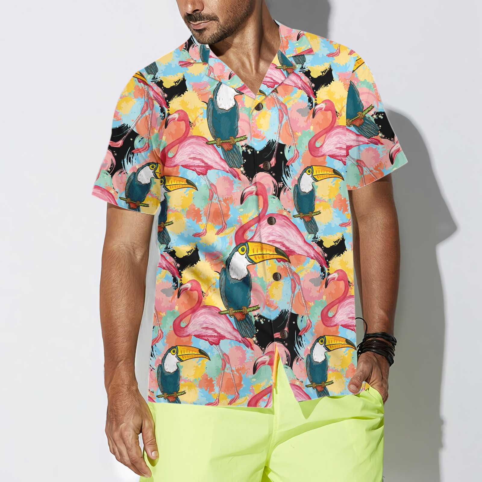 Toucans And Flamingos Exotic Floral Hawaiian Shirt Tropical Toucan Shirt For Adults Cool Toucan Print Shirt Aloha Shirt For Men and Women