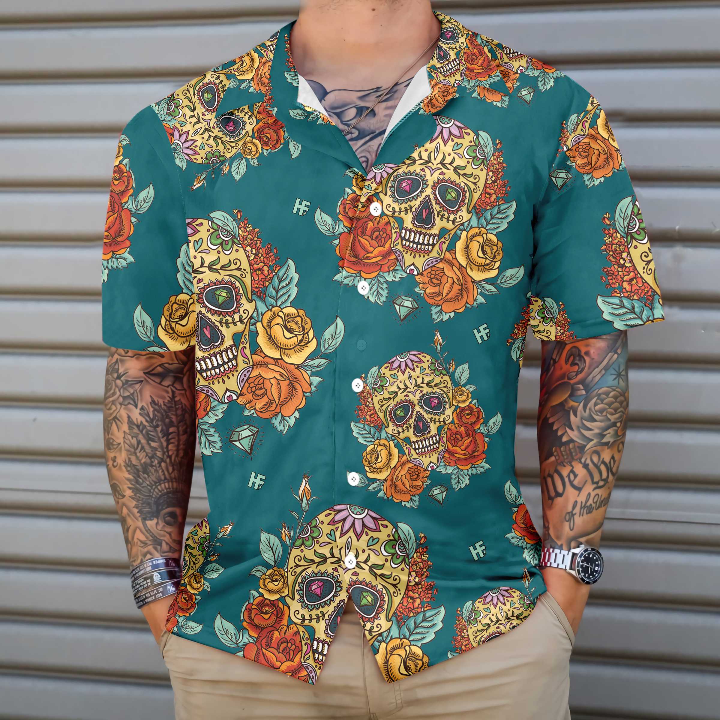 Yellow Roses Sugar Skulls Hawaiian Shirt Mexican Skull Shirt Best Day Of The Dead Gift Aloha Shirt For Men and Women