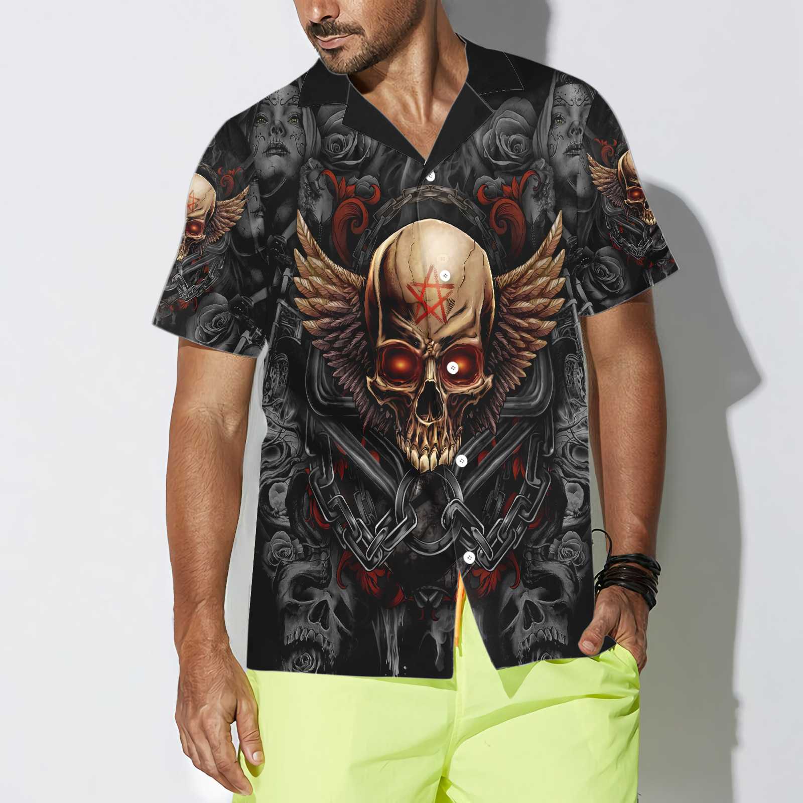 Gothic Skull Biker Hawaiian Shirt Pentagrama Skull Goth Shirt Aloha Shirt For Men and Women