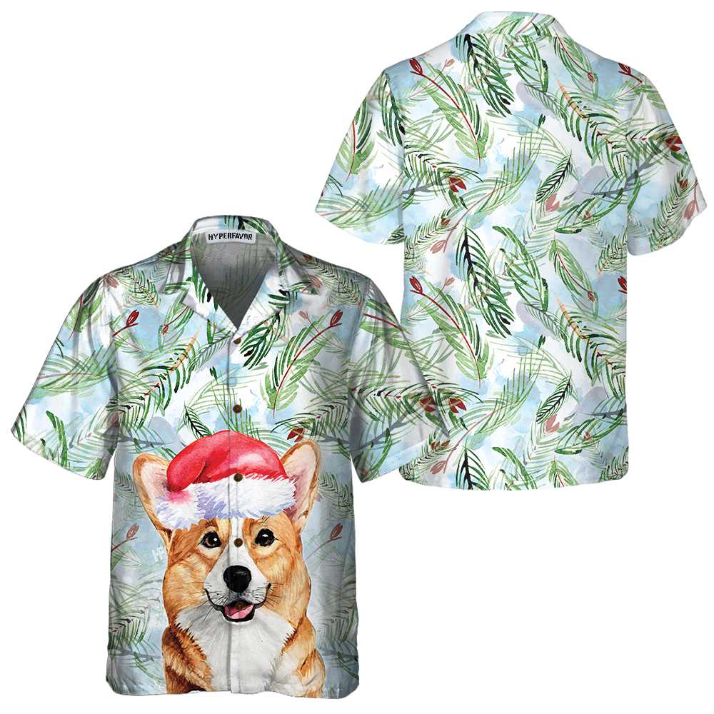 Corgi With Christmas Fir Branches Pattern Hawaiian Shirt Corgi Christmas Shirt Best Christmas Gift Idea Aloha Shirt For Men and Women