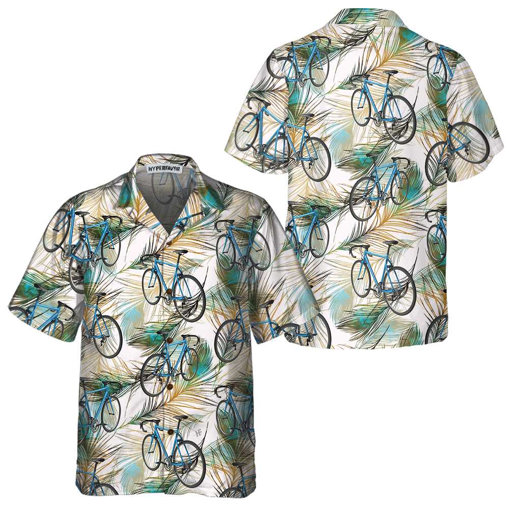 Cycling Feather Hawaiian Shirt Tropical Bicycle Shirt  Women Best Gift For Bikers Aloha Shirt For Men and Women
