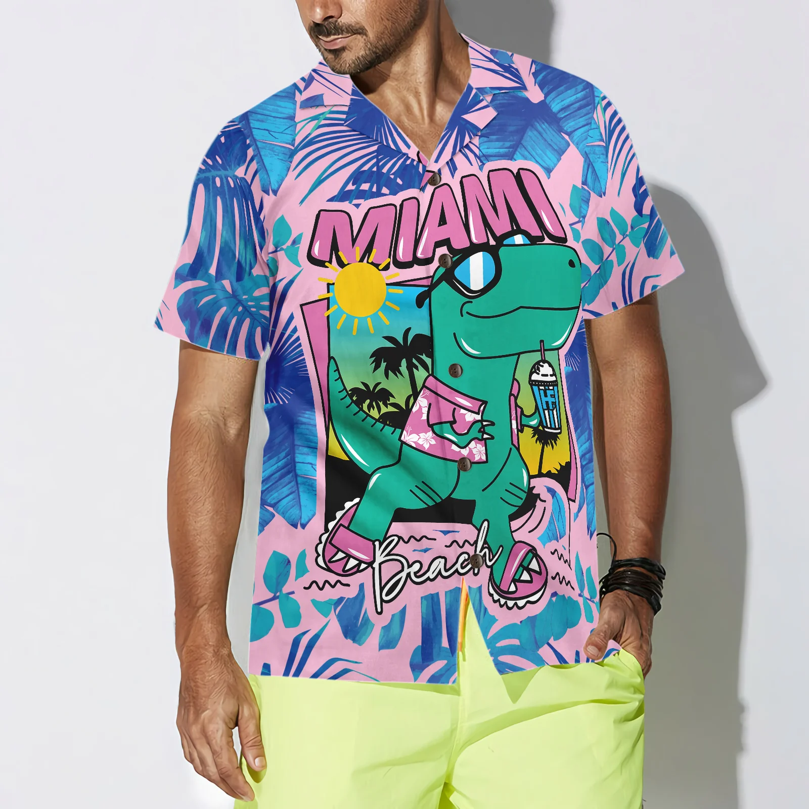 Miami South Beach Cool T- Rex Dinosaur Hawaiian Shirt Aloha Shirt For Men and Women