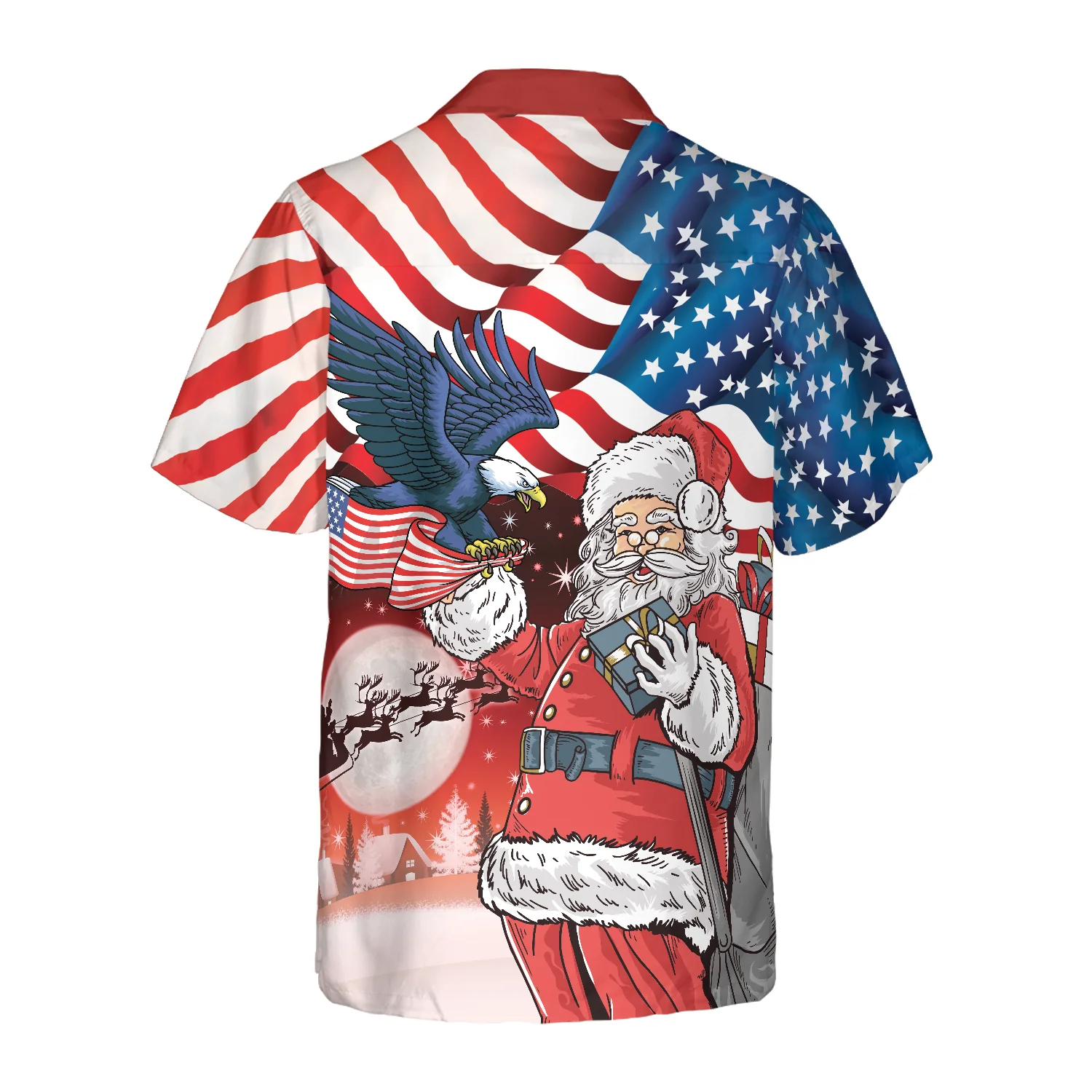 Hyperfavor Christmas Hawaiian Shirts Eagle Perched On Santas Hand With American Flag Background Shirt Short Sleeve Christmas Shirt Idea Gift Aloha Shirt For Men and Women