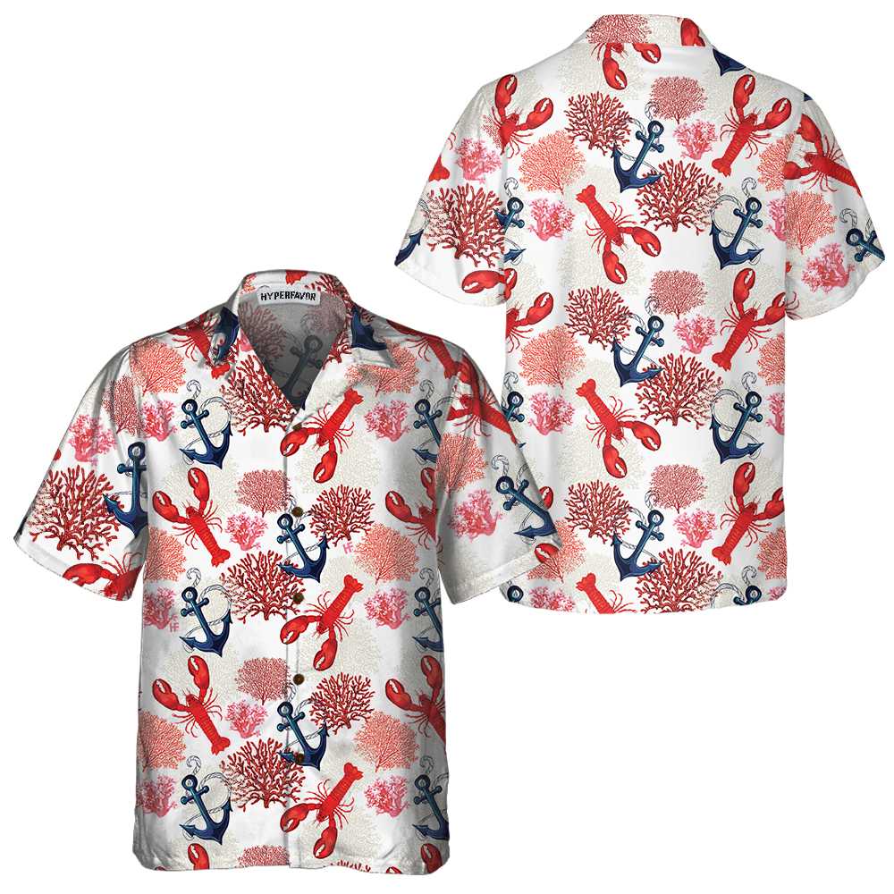 Lobster And Marine Pattern Hawaiian Shirt Unique Lobster Shirt Lobster Print Shirt For Adults Aloha Shirt For Men and Women