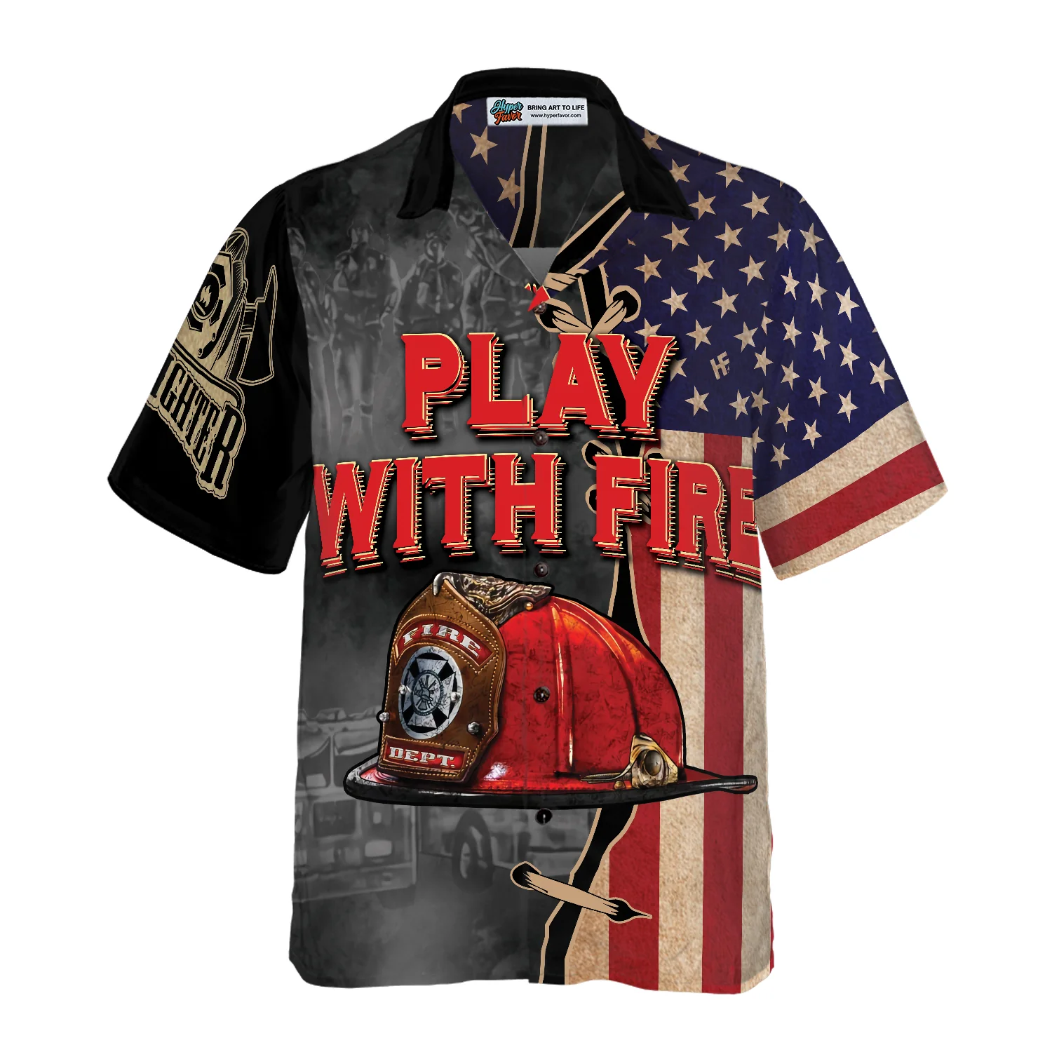 Play With Fire Firefighter Helmet American Flag Hawaiian Shirt Black And White Fire Truck Firefighter Hawaiian Shirt Aloha Shirt For Men and Women