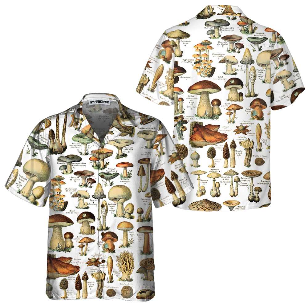 Vintage Fungi Hawaiian Shirt Types Of Mushroom Shirt  Women Gift For Mushroom Lovers Aloha Shirt For Men and Women