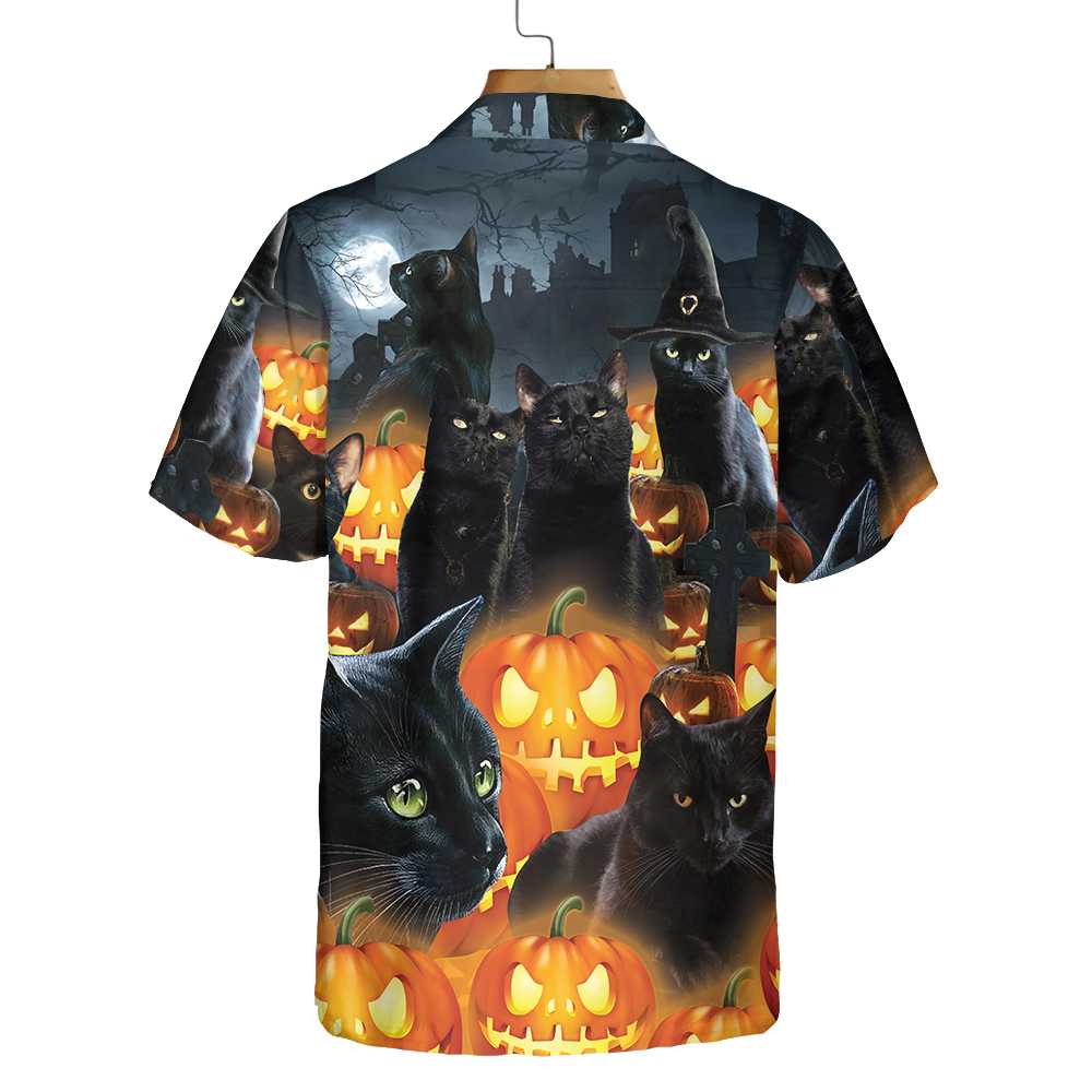 Halloween Black Cat  Pumpkin Hawaiian Shirt Spooky Halloween Shirt Aloha Shirt For Men and Women