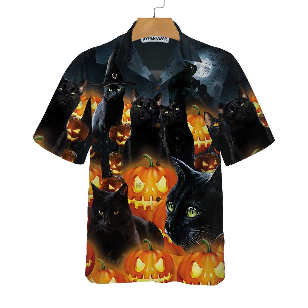 Halloween Black Cat  Pumpkin Hawaiian Shirt Spooky Halloween Shirt Aloha Shirt For Men and Women