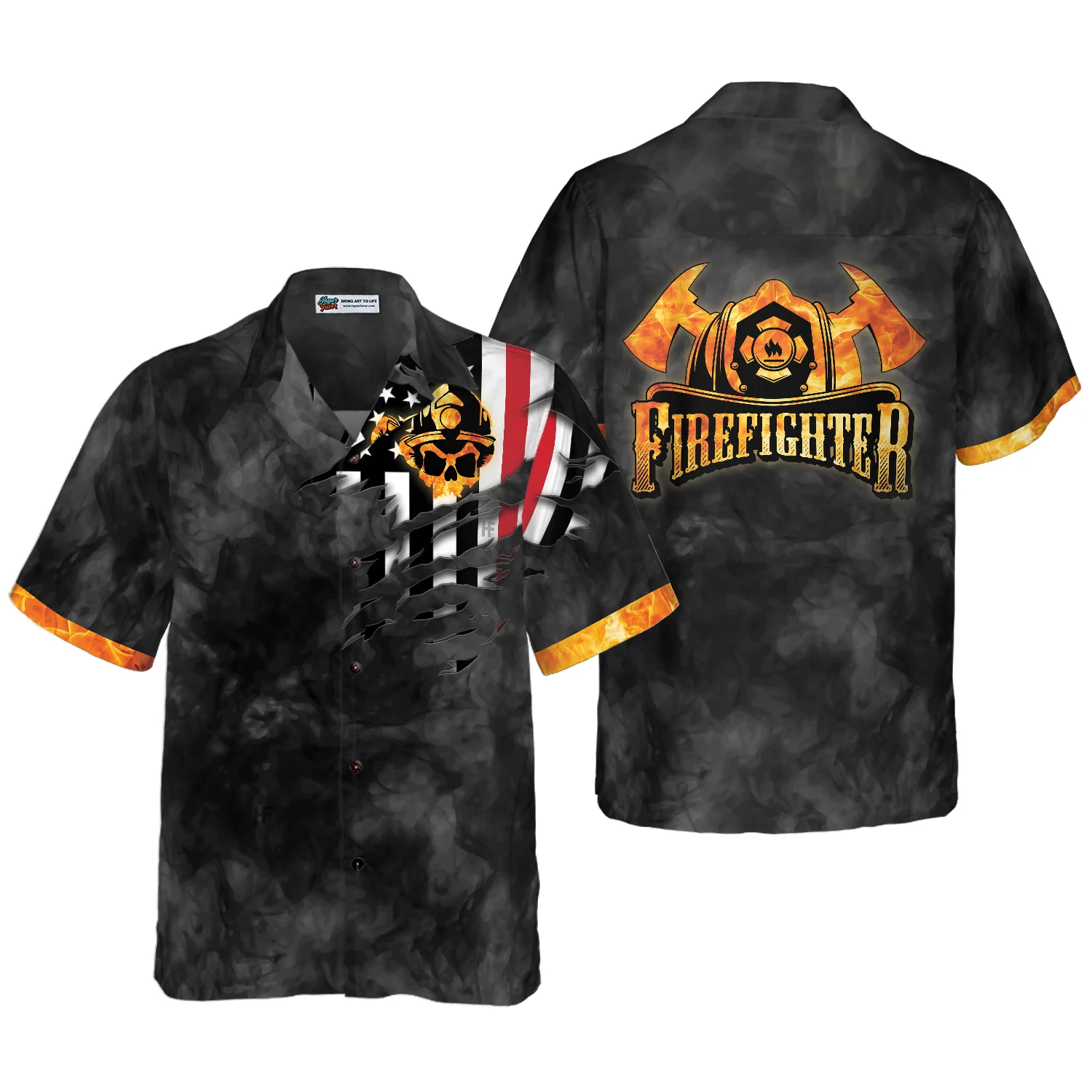 Firefighter Golden Skull And Ripped American Flag Firefighter Hawaiian Shirt Black And Gold Firefighter Shirt Aloha Shirt For Men and Women