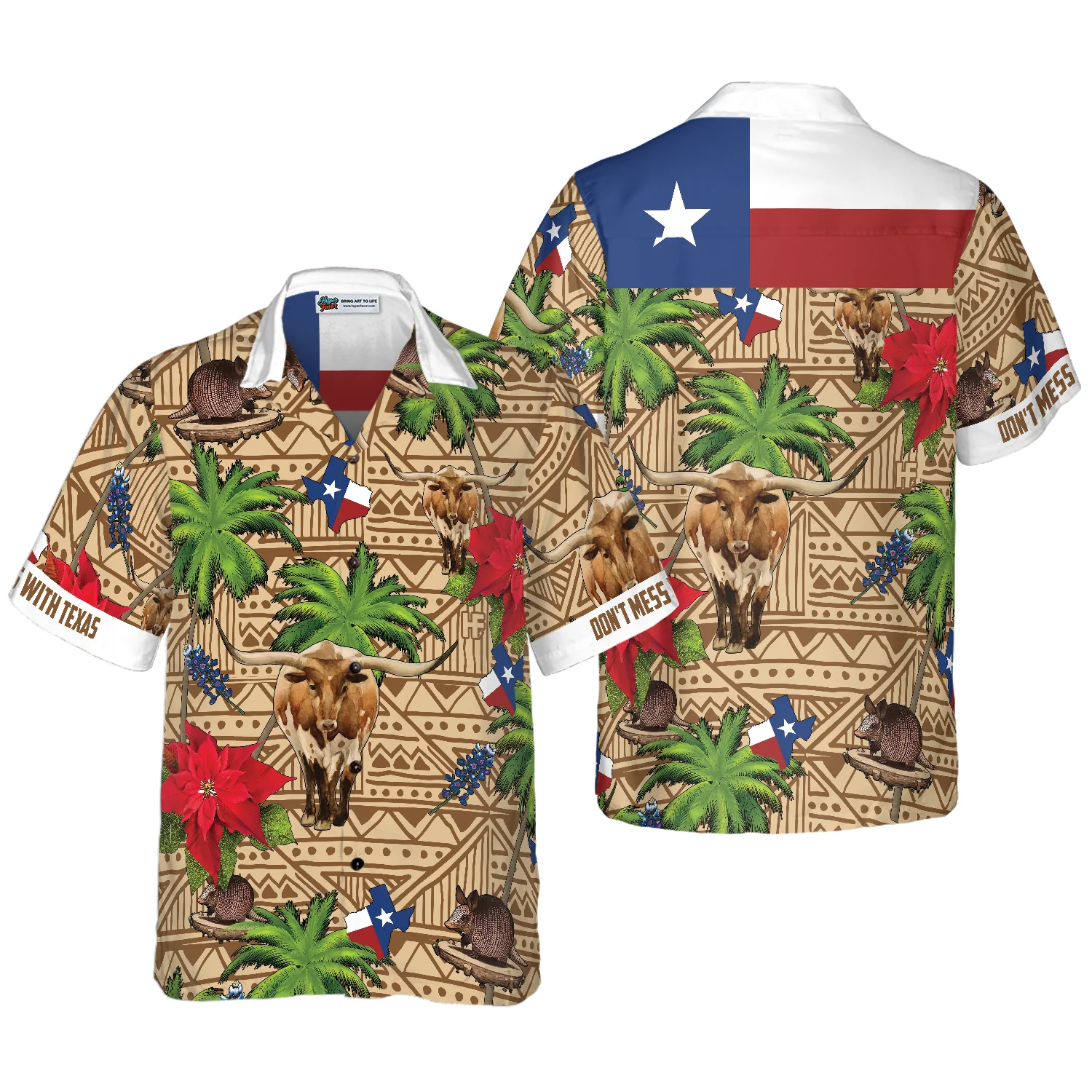 Brown Tribal Pattern Texas Hawaiian Shirt White Neck Version Dont Mess With Texas Armadillo and Longhorn Texas State Shirt Aloha Shirt For Men and Women