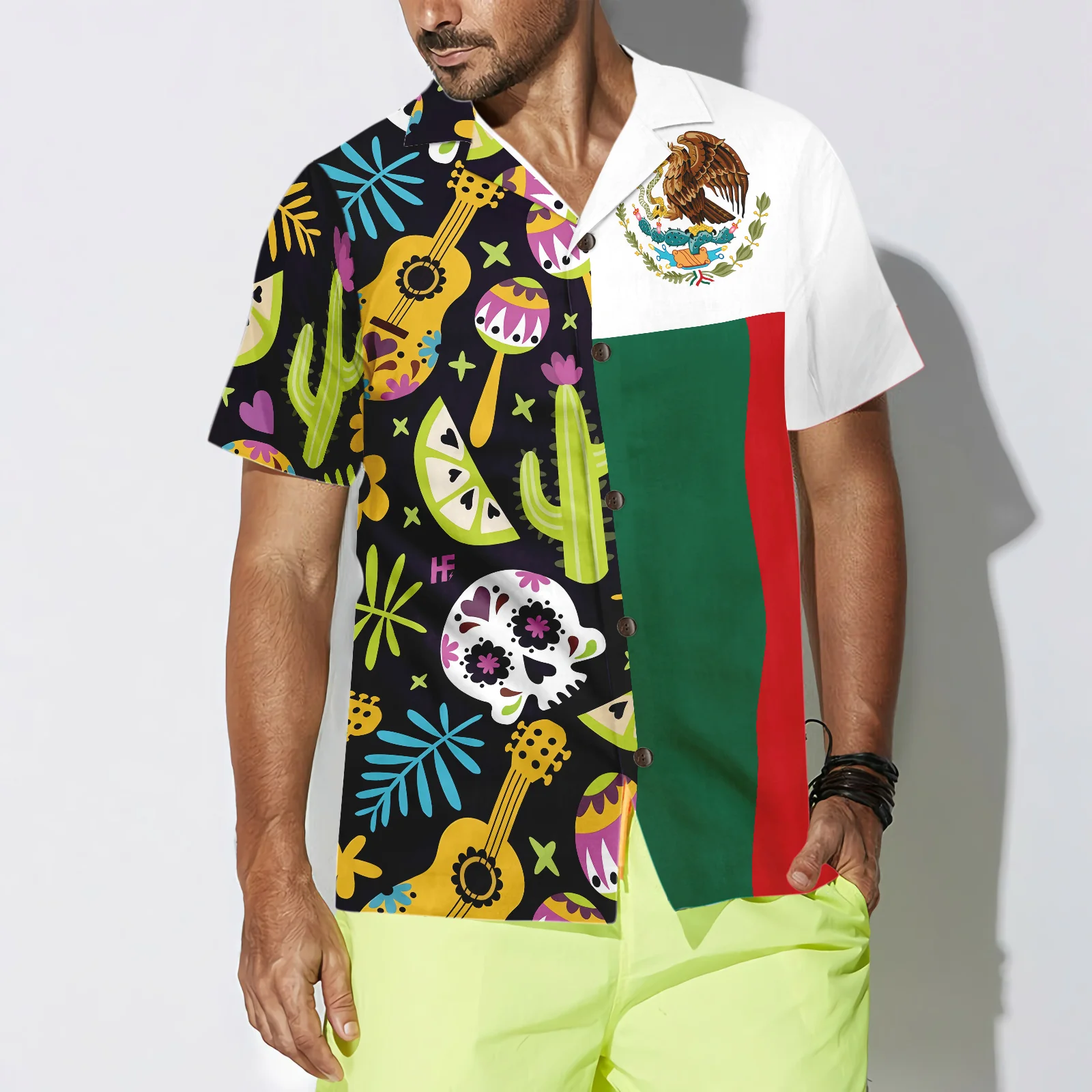 Mexican Skull Guitar Flag Hawaiian Shirt Aloha Shirt For Men and Women