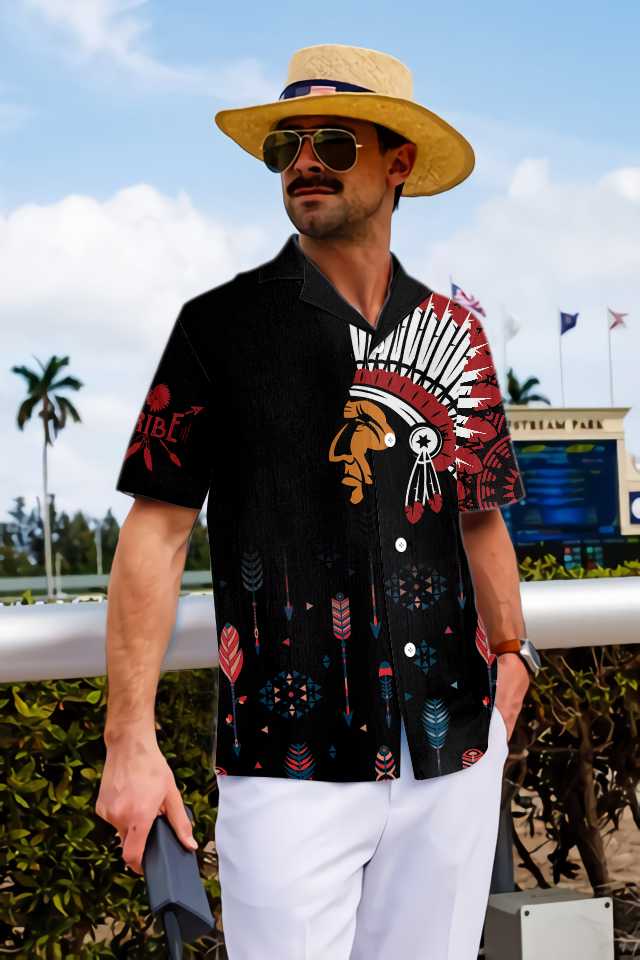 Native American Indian Tribal Chief with Headdress Hawaiian Shirt Seamless Colorful Ethnic Pattern Shirt Aloha Shirt For Men and Women