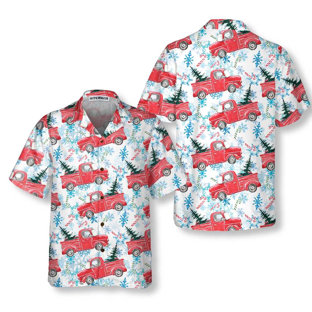 Christmas Red Retro Truck With Candy Cane Hawaiian Shirt Aloha Shirt For Men and Women