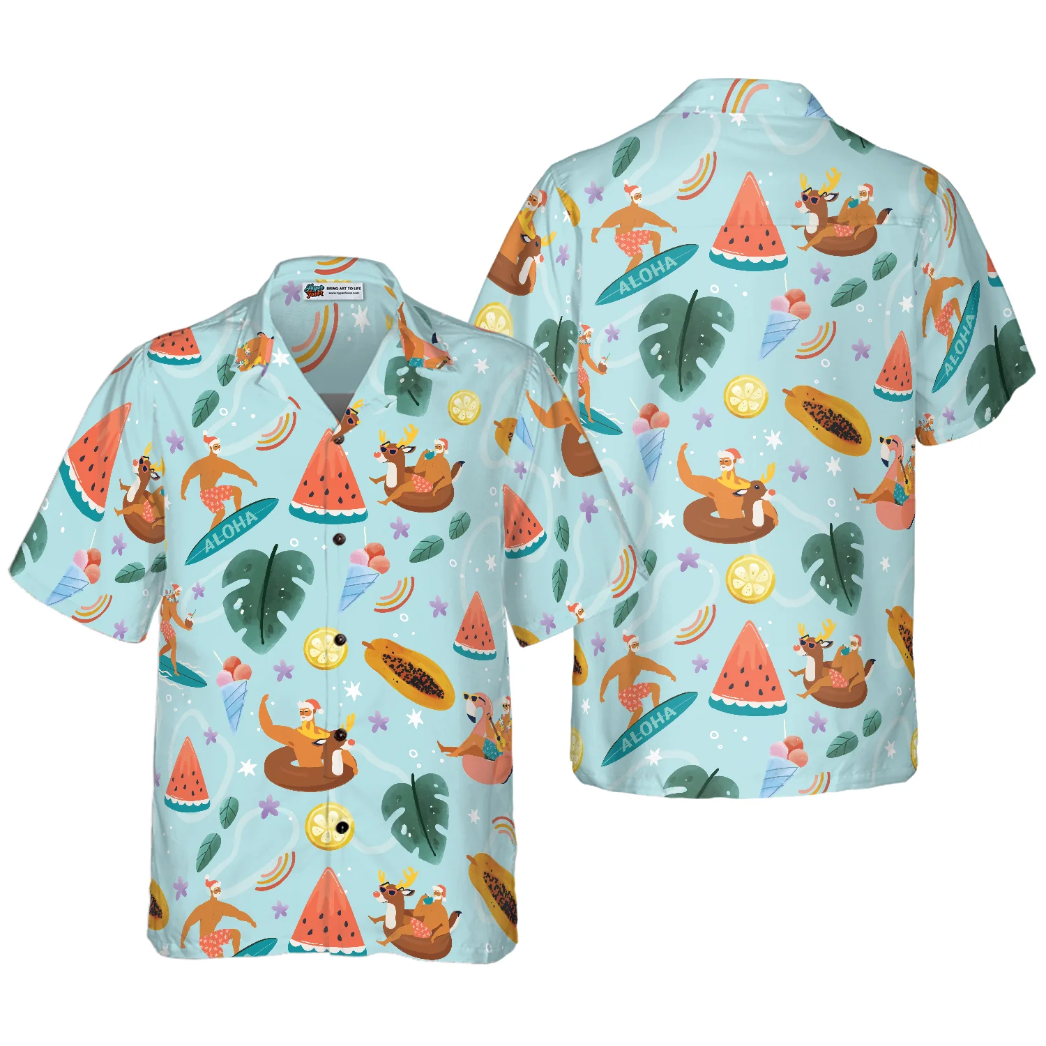 Hyperfavor Santa Beach 2 Pattern Hawaiian shirt Christmas Shirts Short Sleeve Button Down Shirt Aloha Shirt For Men and Women