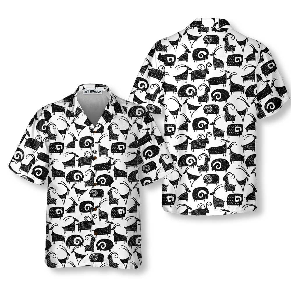 Goat And Ram Seamless Pattern Hawaiian Shirt Black And White Goat Shirt  Women Aloha Shirt For Men and Women