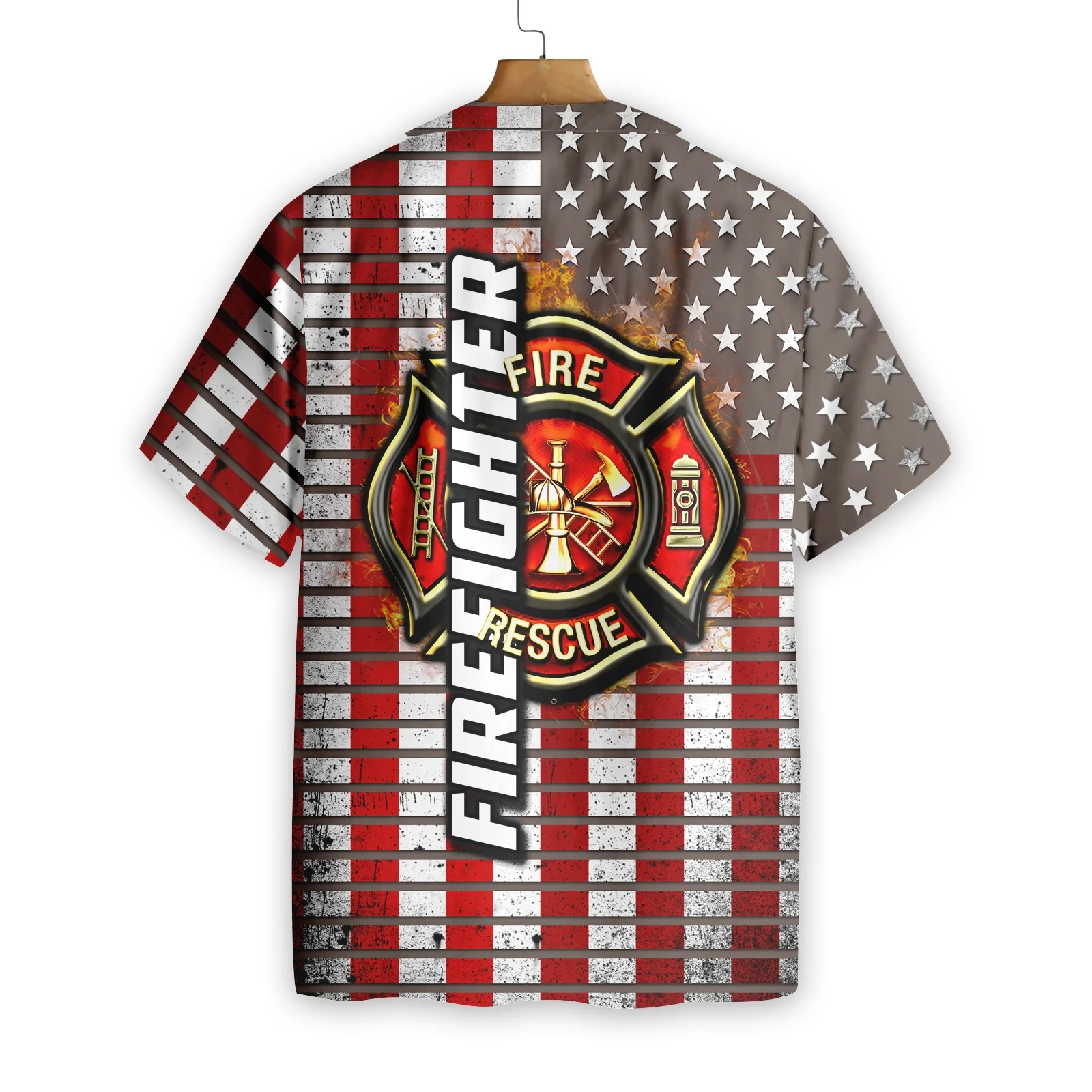 Firefighter Logo And Red American Flag Firefighter Hawaiian Shirt Horizontal Stripe Firefighter Shirt Aloha Shirt For Men and Women