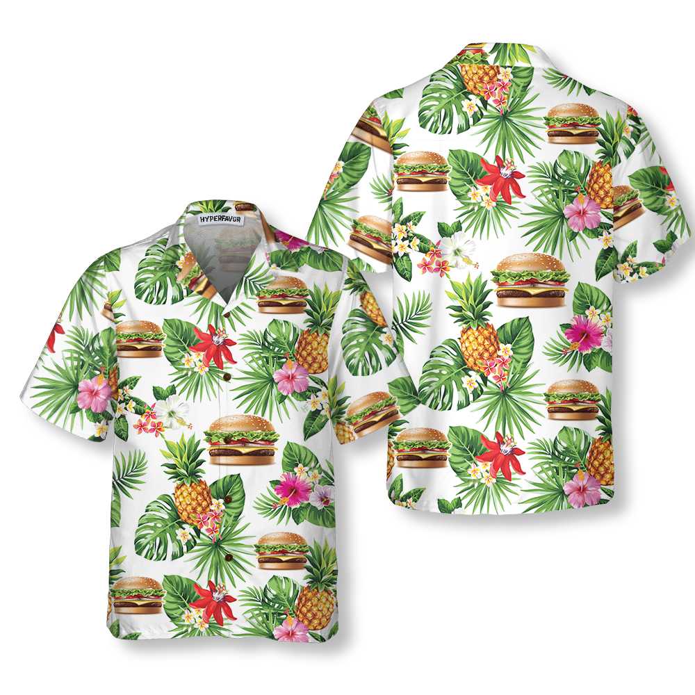 Tropical Burger Aloha Hawaiian Shirt Funny Hamburger Shirt  Women Aloha Shirt For Men and Women