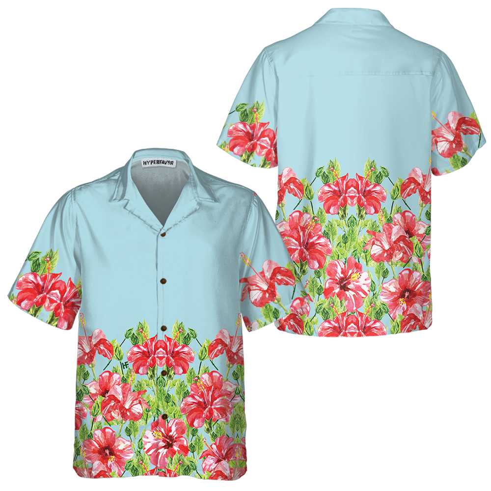 Watercolor Hibiscus Flower Hawaiian Shirt Short Sleeve Red Hibiscus Print Shirt Aloha Shirt For Men and Women