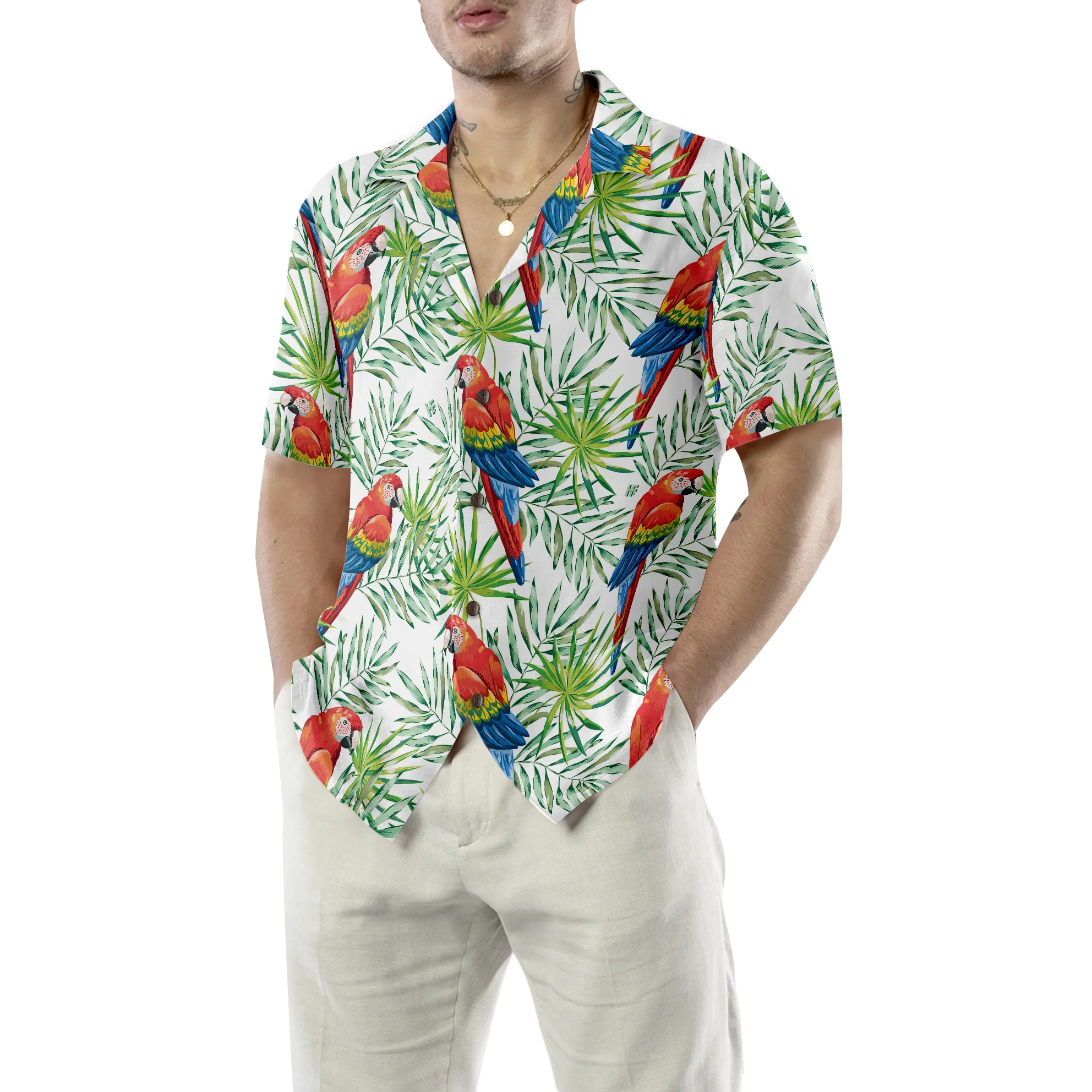 Macaw Parrots Green Palm Leaves Hawaiian Shirt Aloha Shirt For Men and Women