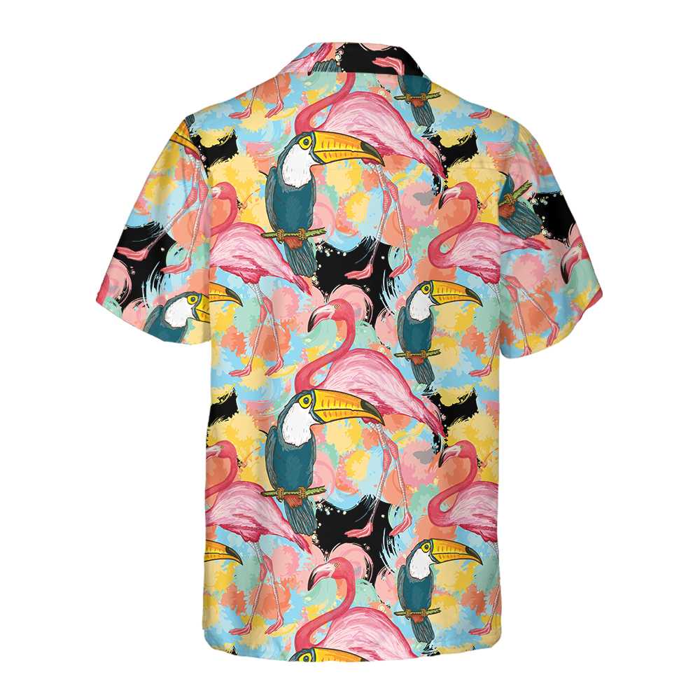 Toucans And Flamingos Exotic Floral Hawaiian Shirt Tropical Toucan Shirt For Adults Cool Toucan Print Shirt Aloha Shirt For Men and Women