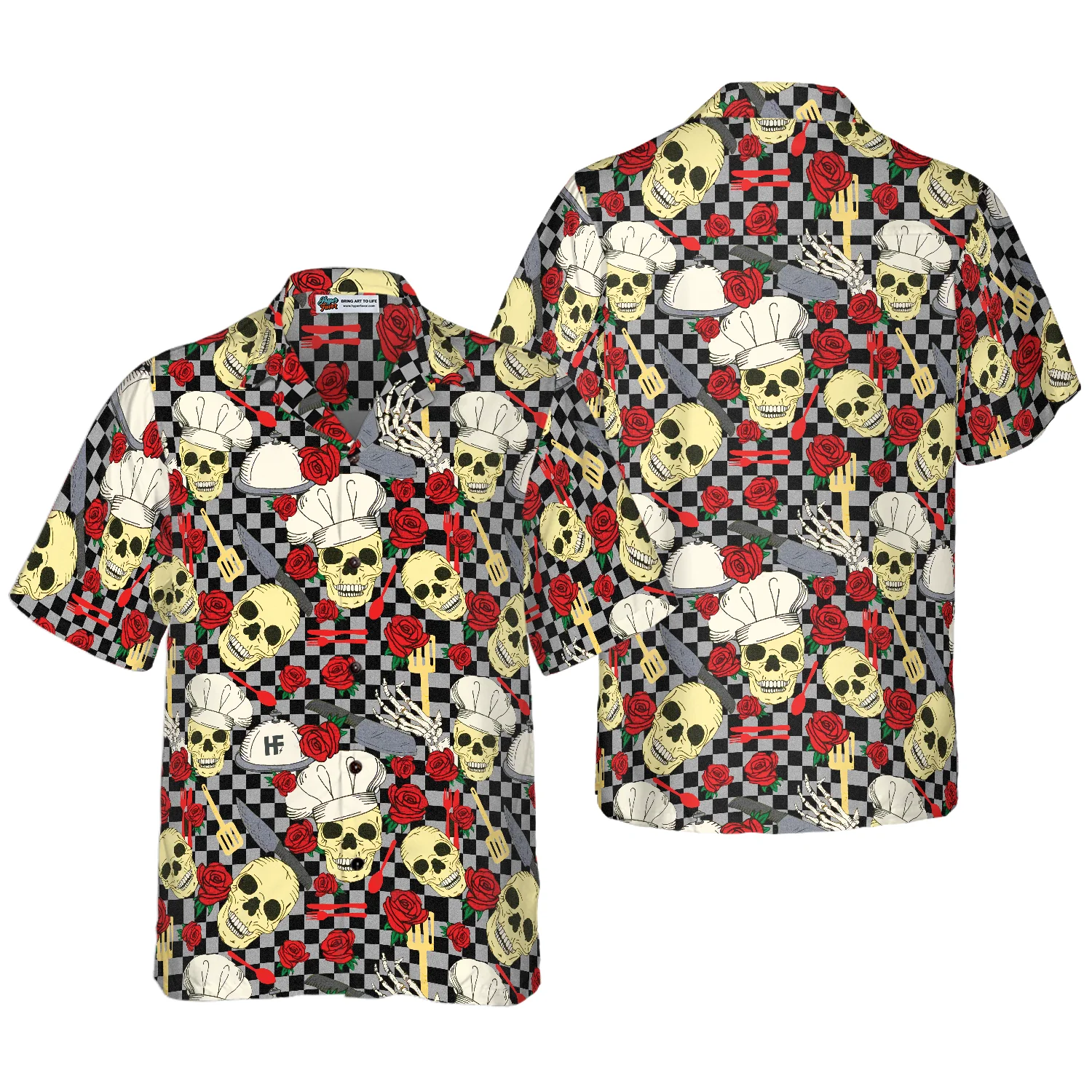 Skulls in Chef Hats and Red Roses Patterned Hawaiian Shirt Aloha Shirt For Men and Women