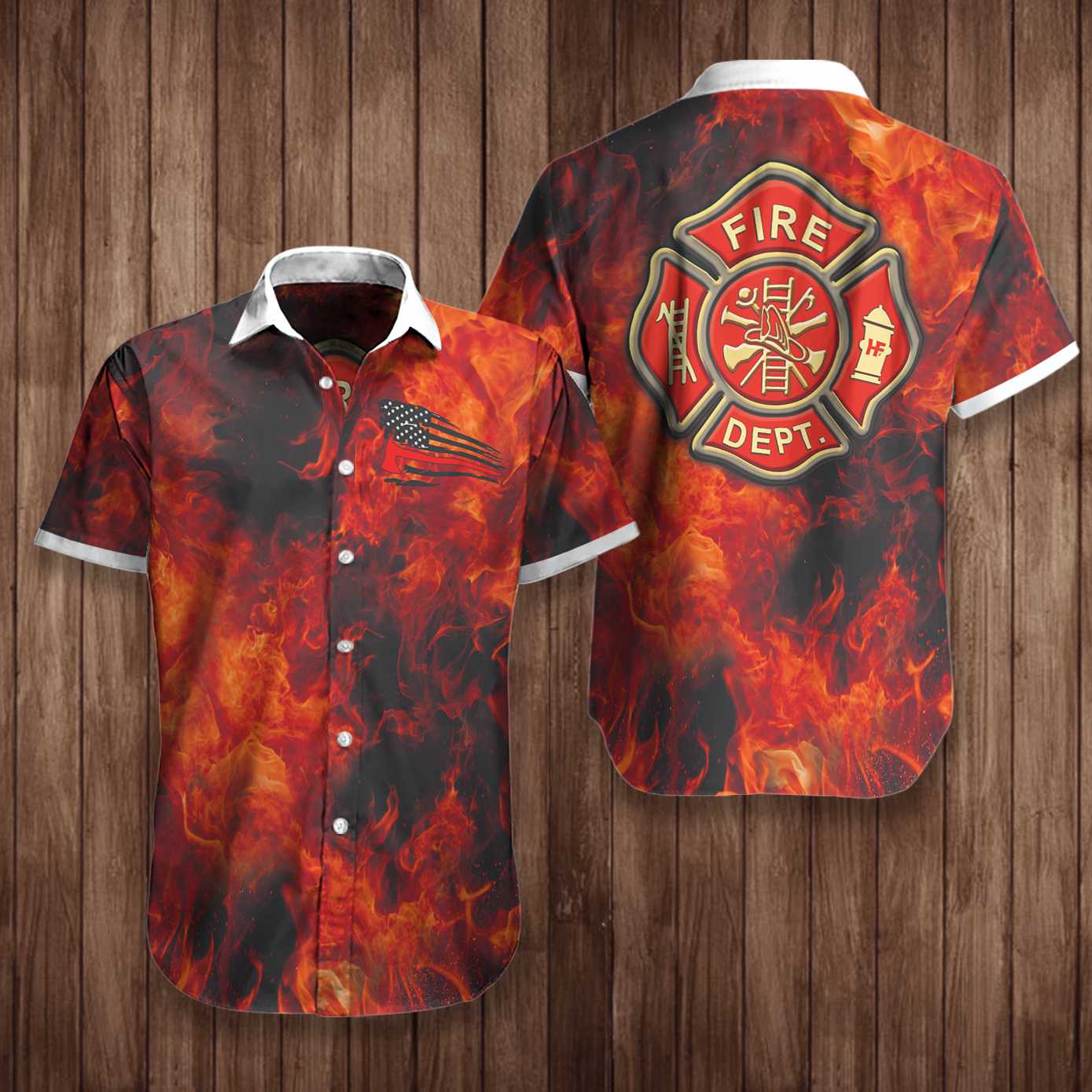 Firefighter Flag And Logo Hawaiian Shirt Red Flame Background American Flag Firefighter Shirt Aloha Shirt For Men and Women