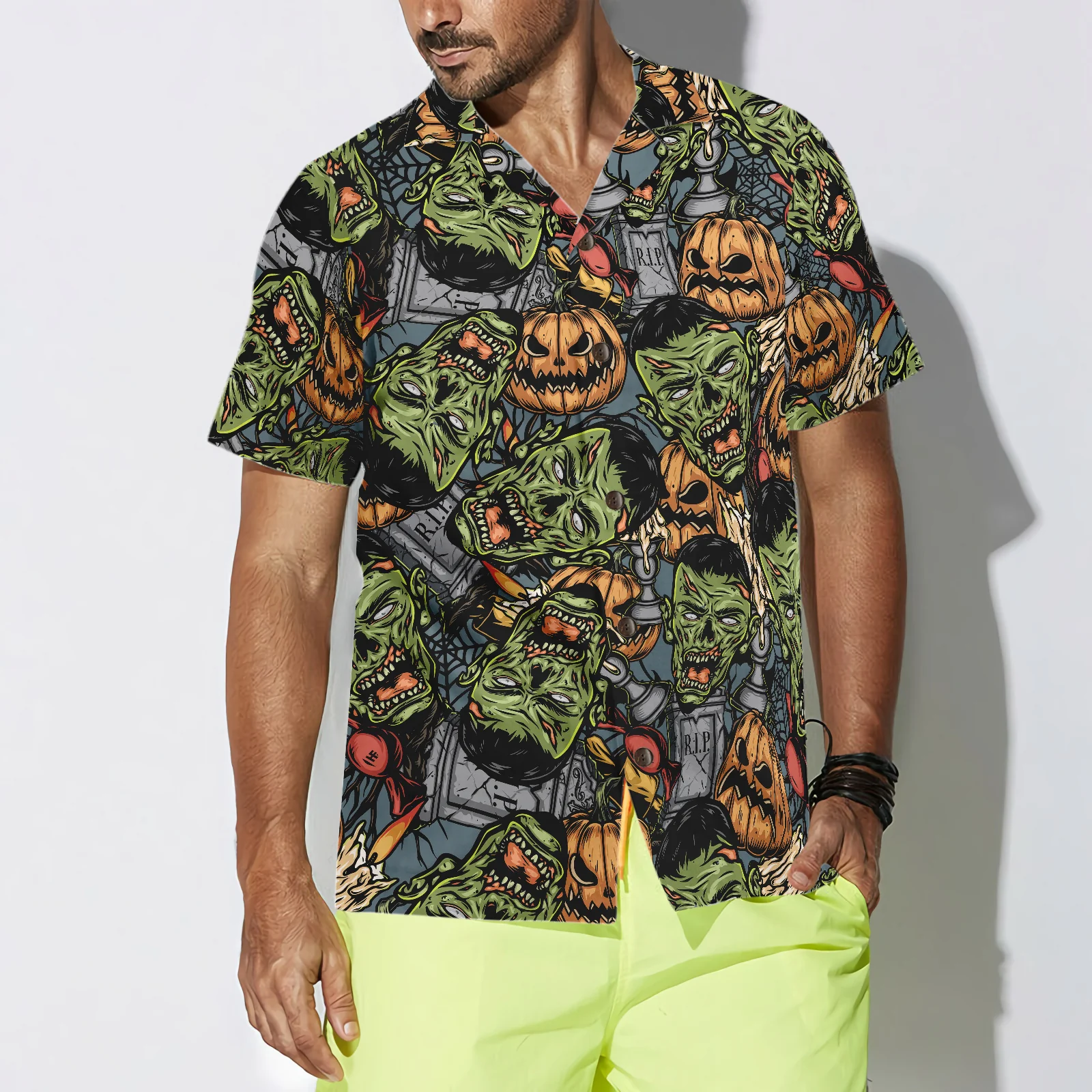 Halloween Monsters Hawaiian Shirt Rip Grave Board Frankenstein And Jack-o-lantern Pumpkin Hawaiian Shirt Aloha Shirt For Men and Women