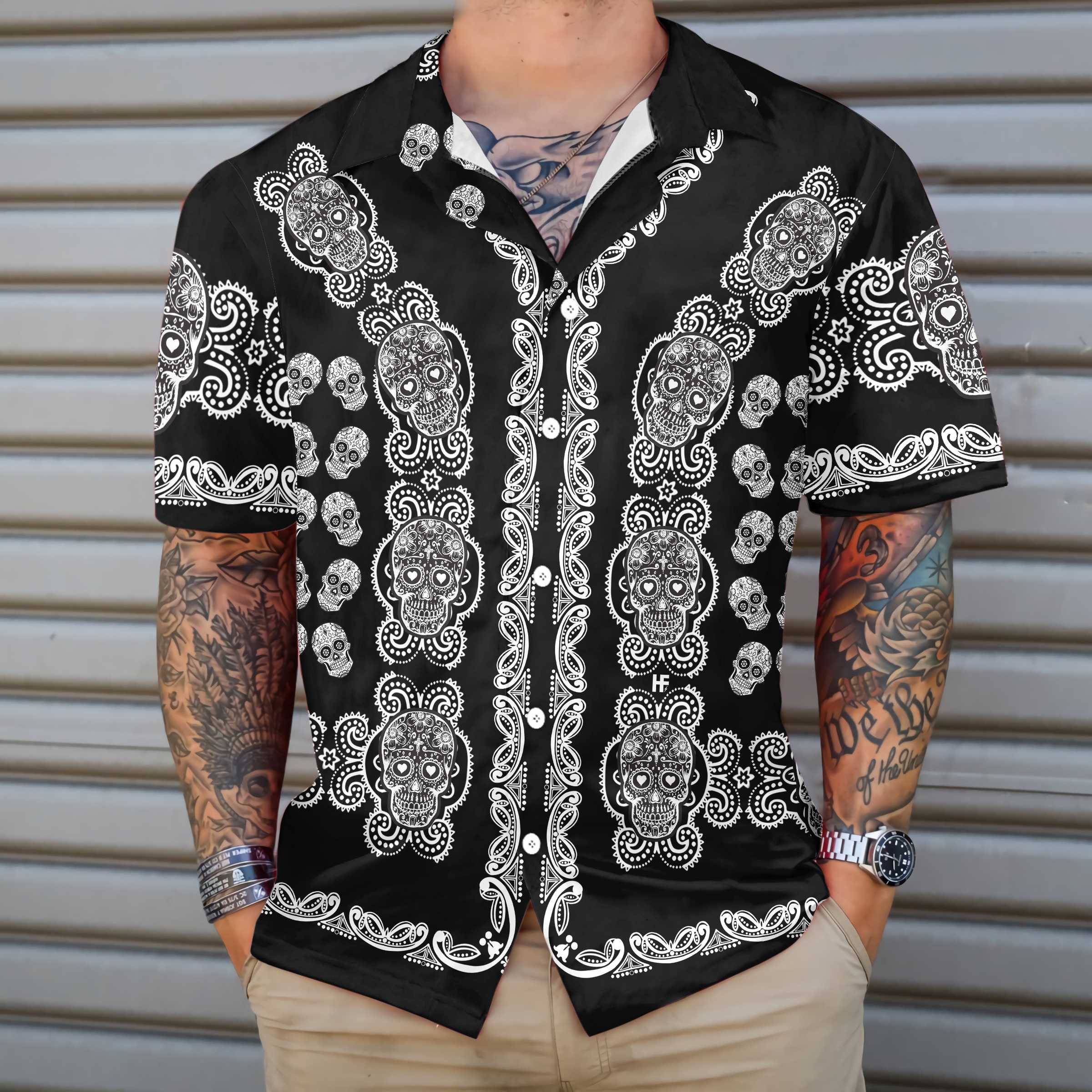 Black And White Sugar Skull Calavera Hawaiian Shirt Day of The Dead Mexican Skull Shirt Aloha Shirt For Men and Women