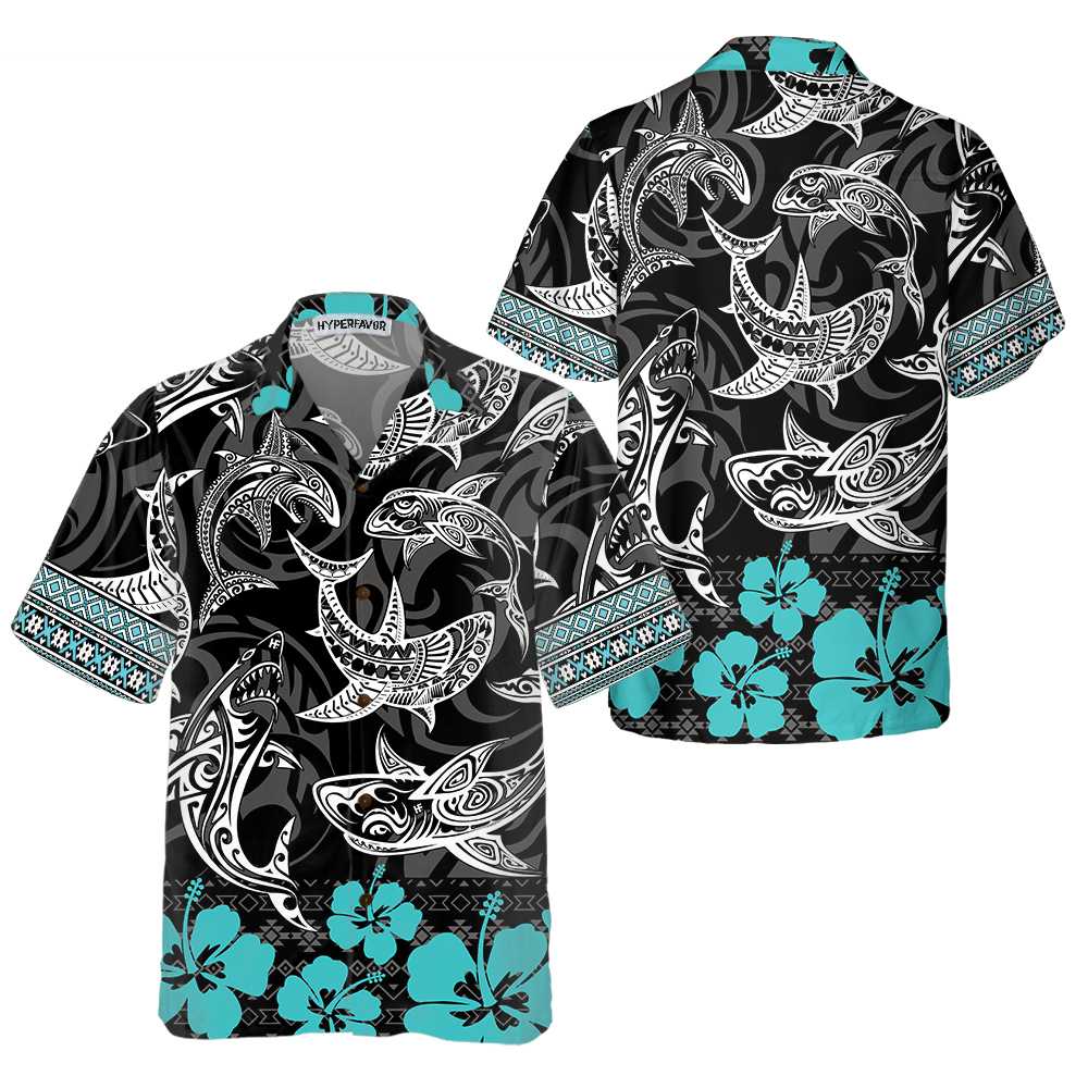 Polynesian Shark Hawaiian Shirt Shark Shirt Button Up For Adults Shark Print Shirt Aloha Shirt For Men and Women