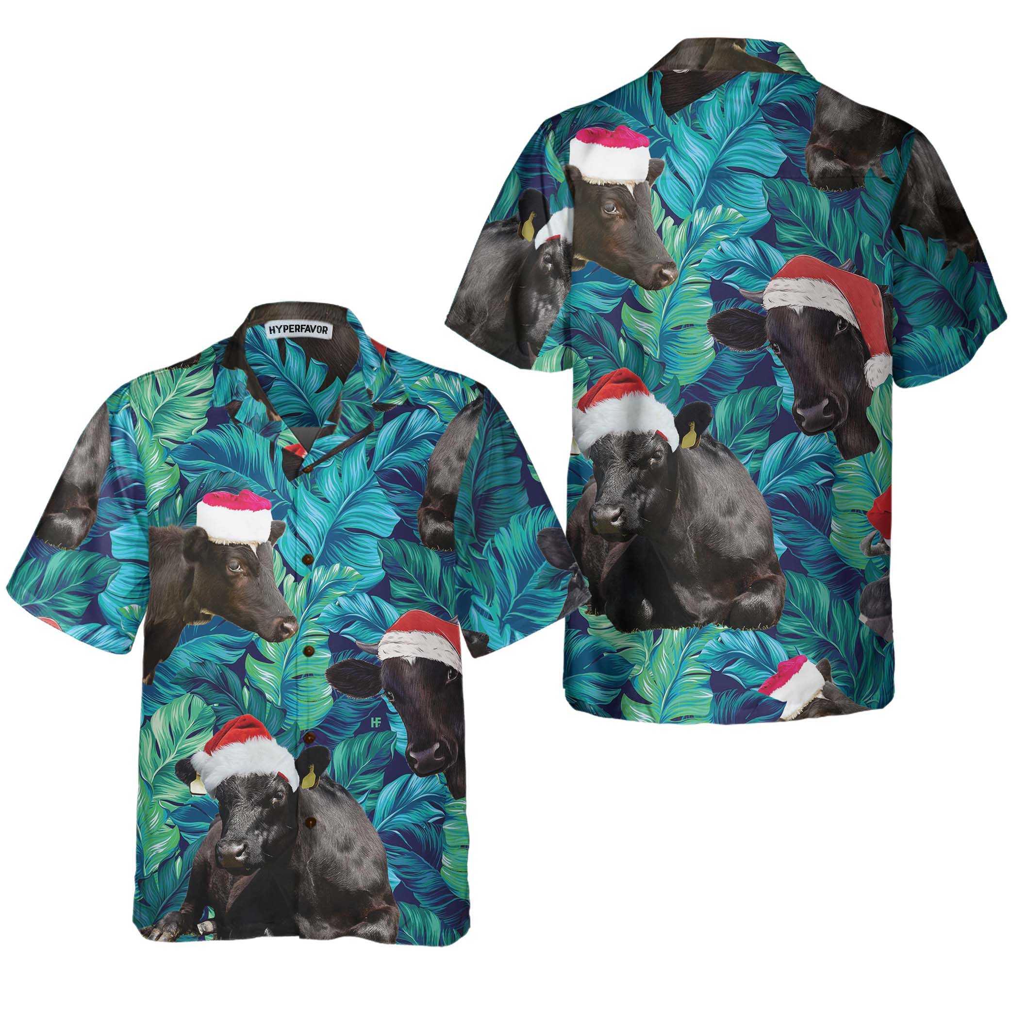 Cows Black Cattle Wear Santa Hat Hawaiian Shirt Tropical Leaves Pattern Christmas Shirt Best Gift For Christmas Aloha Shirt For Men and Women