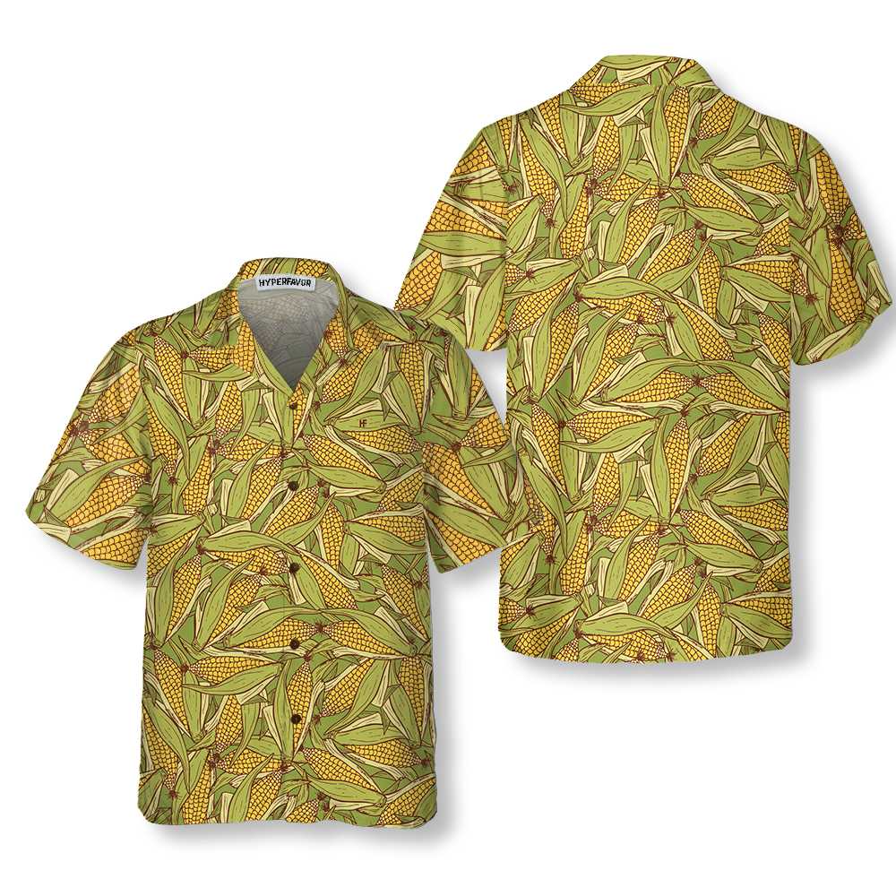 Hand Drawn Doodle Corn Cobs Hawaiian Shirt Corn Shirt Button Up Hawaiian Shirt With Corn Aloha Shirt For Men and Women