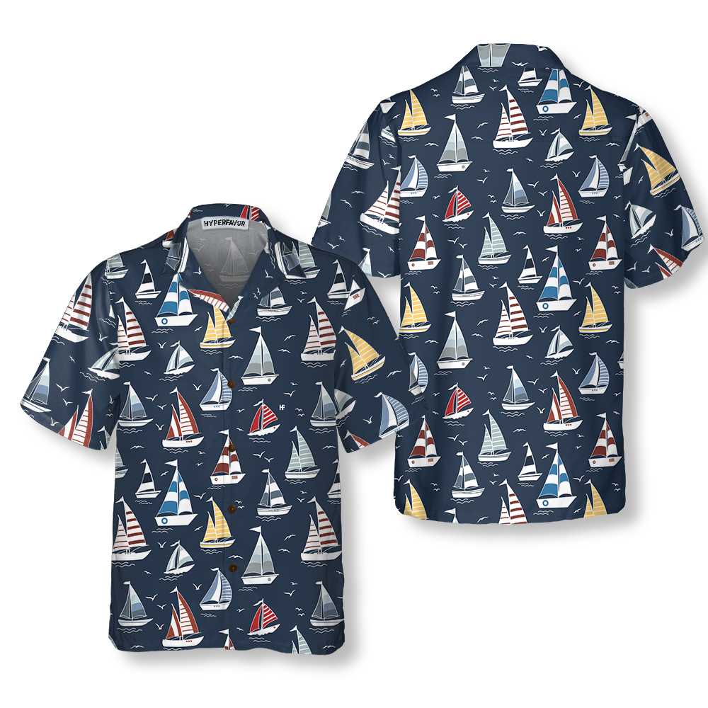 Cartoon Boat Pattern Hawaiian Shirt Short Sleeve Sailboat Shirt Unique Nautical Shirt Aloha Shirt For Men and Women