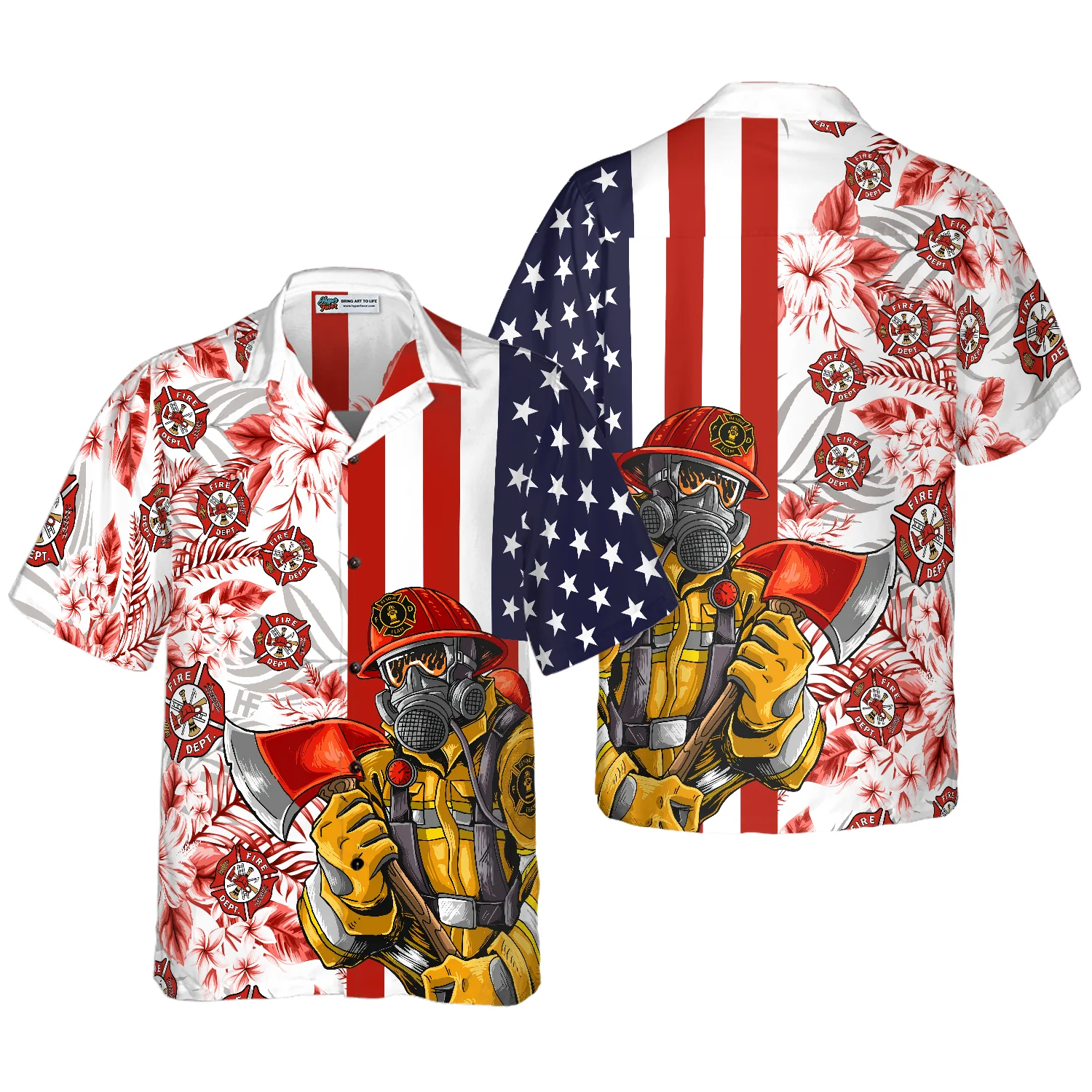 Firefighter American Flag Tropical Firefighter Hawaiian Shirt Texas Bluebonnet Fire Dept Logo Firefighter Shirt Aloha Shirt For Men and Women