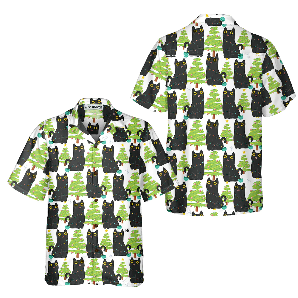 Christmas Funny Black Cat Hawaiian Shirt Cute Christmas Hawaiian Shirt Gift Aloha Shirt For Men and Women