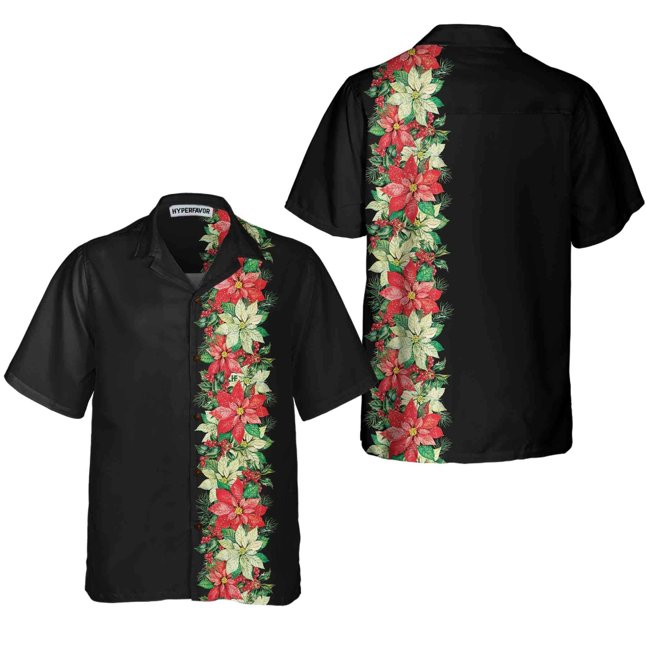 Christmas Poinsettia Flowers And Holly Berries Christmas Hawaiian Shirt Floral Christmas Hawaiian Shirt Aloha Shirt For Men and Women