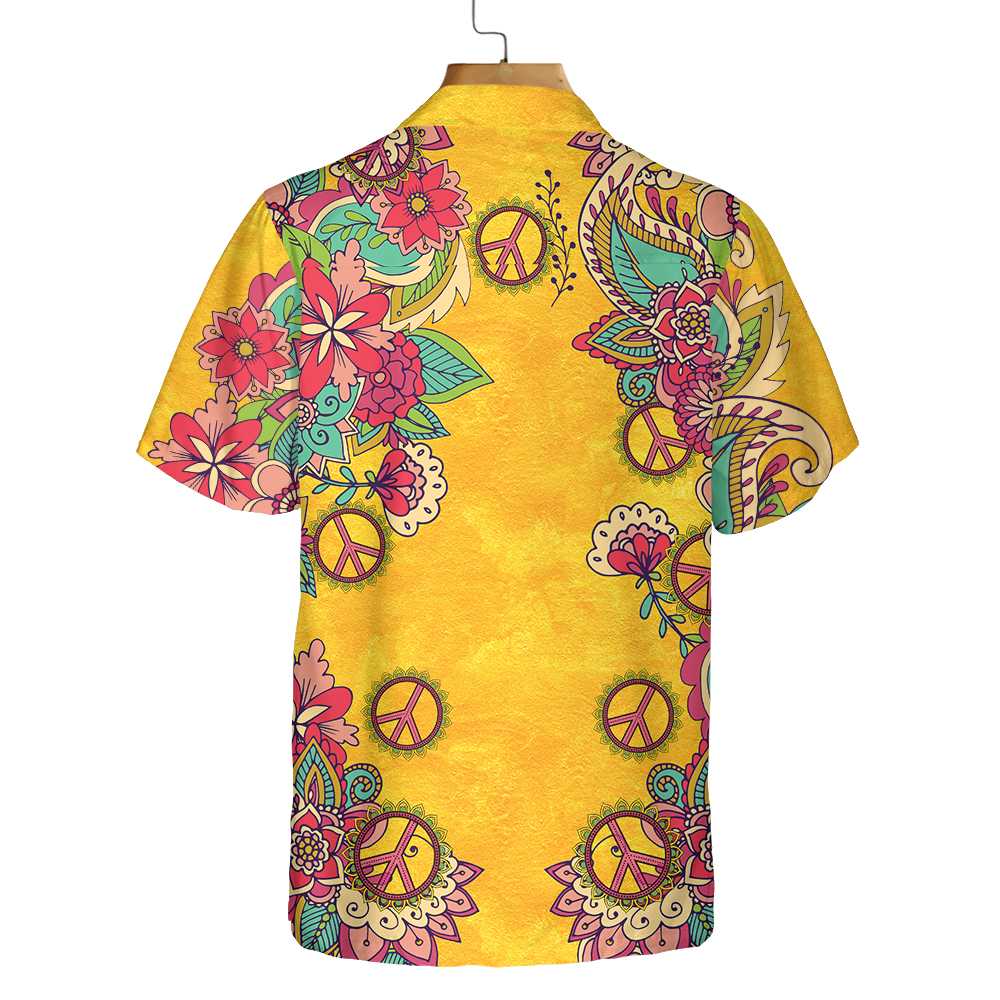 Yellow Hippie Peace Sign And Flowers Hawaiian Shirt Foral Hippie Peace Sign Shirt Best Hippie Gift Aloha Shirt For Men and Women