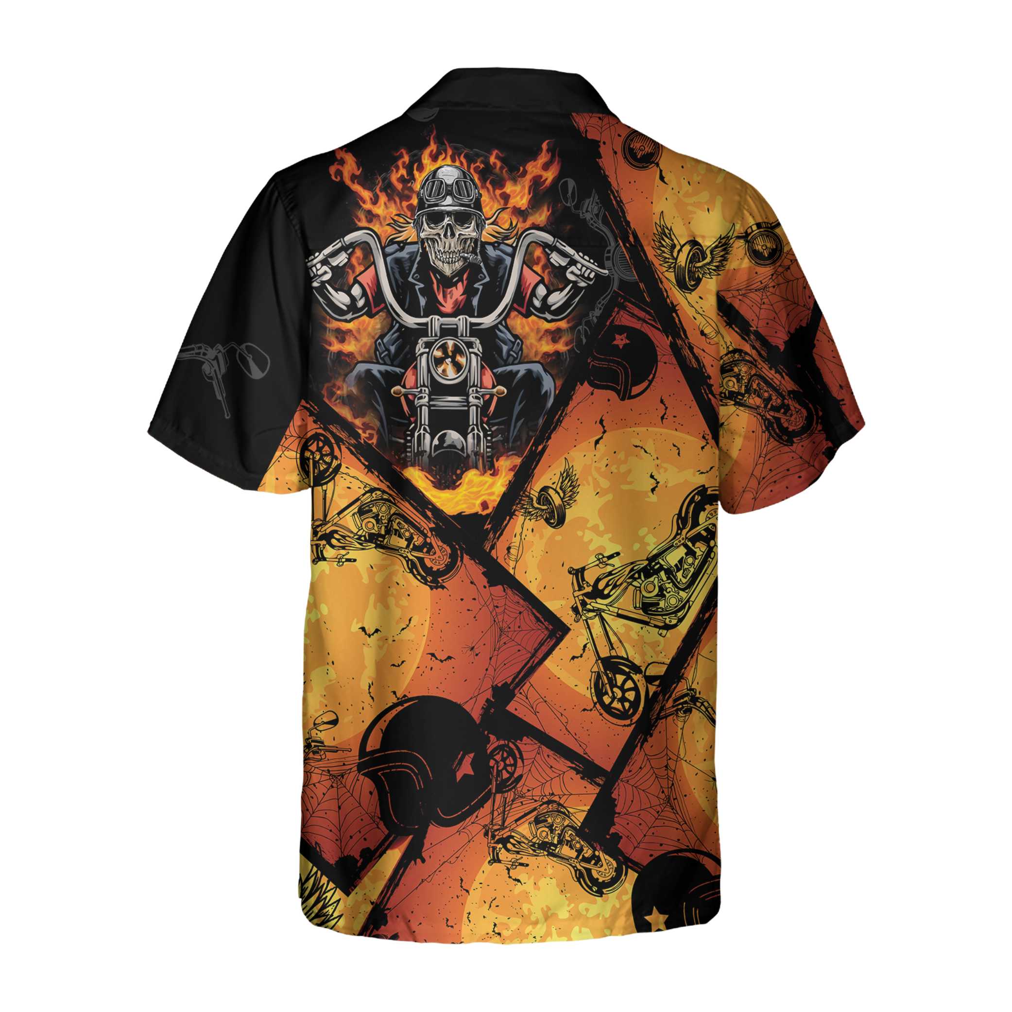 Black Orange Layout Skull Biker Motorcycle Hawaiian Shirt Flame Skull Motorcycle Shirt Gift For Bikers Aloha Shirt For Men and Women