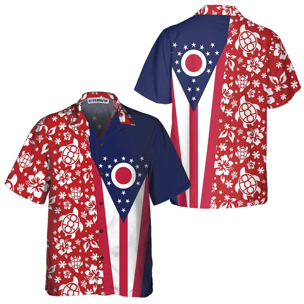 Ohio Flag And Hibiscus Pattern Ohio State Hawaiian Shirt Ohio Flag Shirt Proud Ohio Gift Aloha Shirt For Men and Women