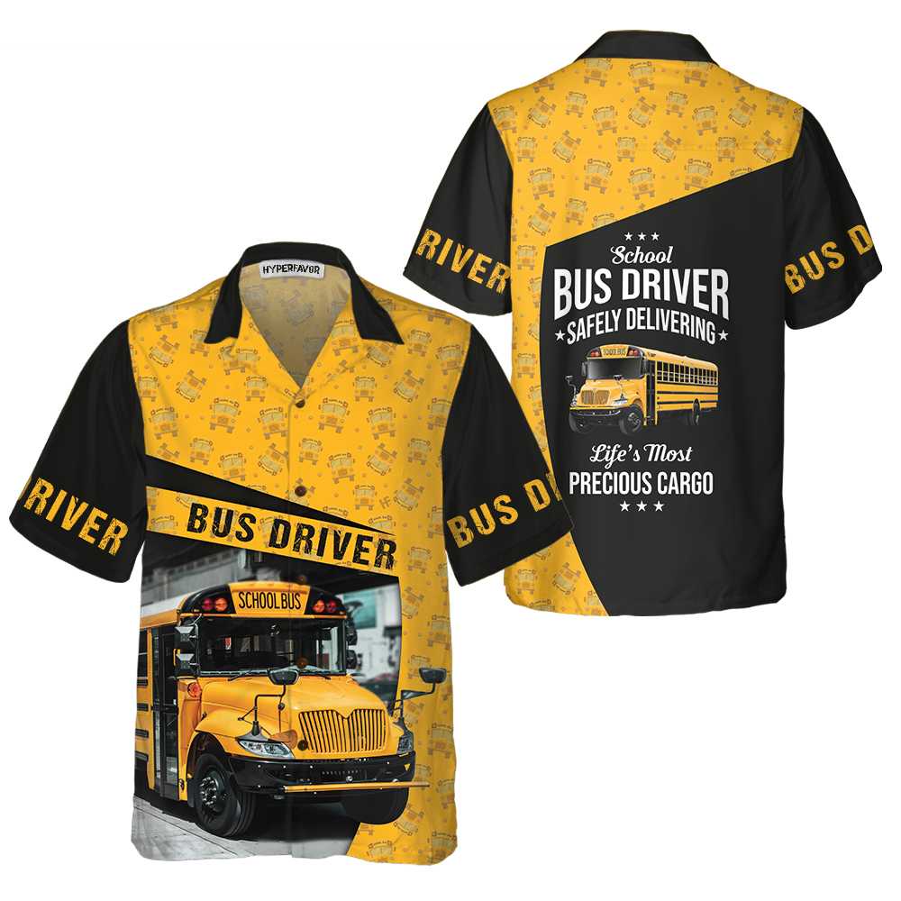 School Bus Driver Safely Delivering Hawaiian Shirt Black And Yellow Bus Driver Shirt For Adults Aloha Shirt For Men and Women