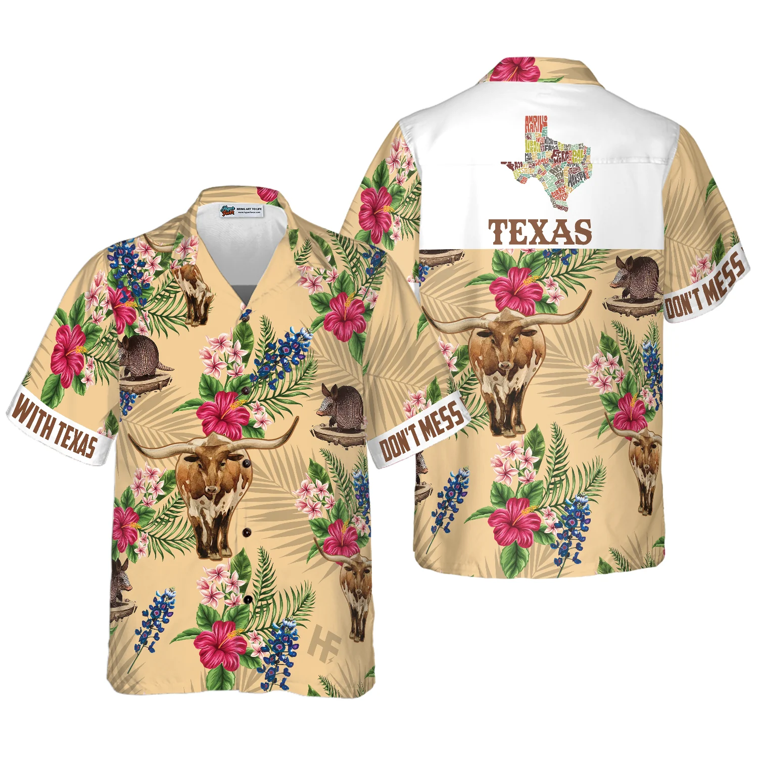 Insignia Bluebonnet Texas Hawaiian Shirt White Back Cream Version Dont Mess With Texas Armadillo and Longhorn Texas Home Shirt Aloha Shirt For Men and Women